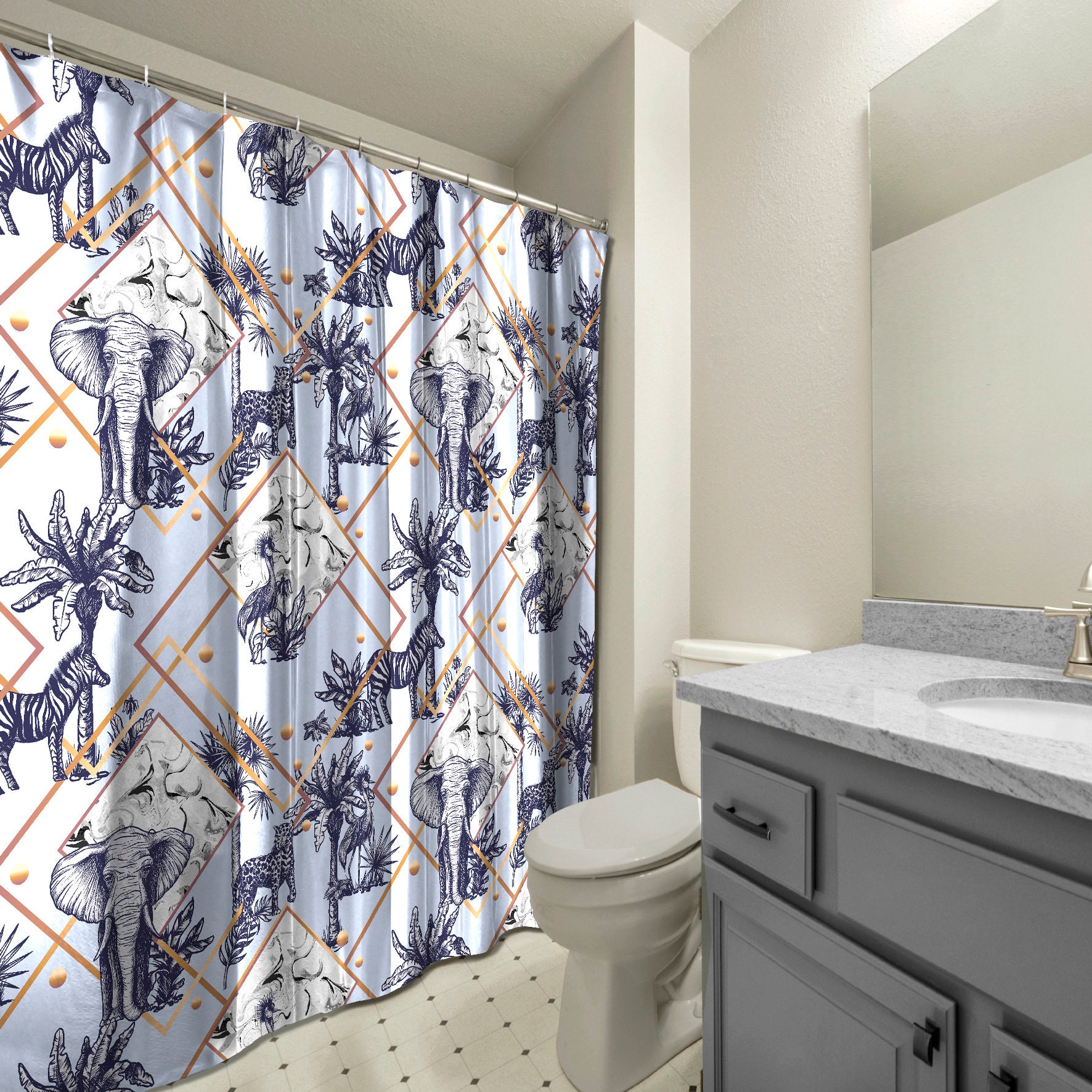 Multidimensional Palm Elephants with Leopards Blue Shower Curtain for a Exotic Look