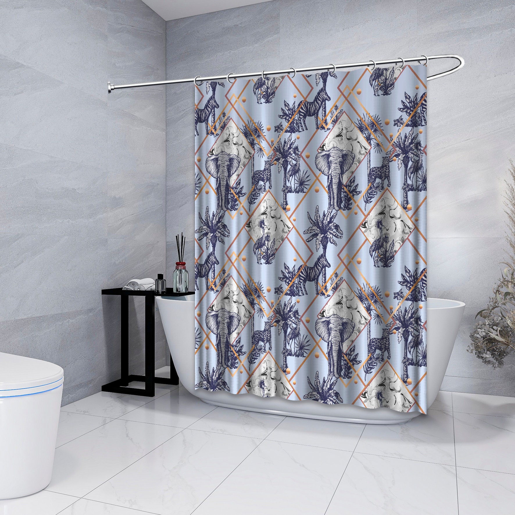 Multidimensional Palm Elephants with Leopards Blue Shower Curtain for a Exotic Look