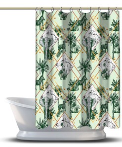 Multidimensional Palm Elephants with Leopards Green Shower Curtain for an Animal Themed Bathroom