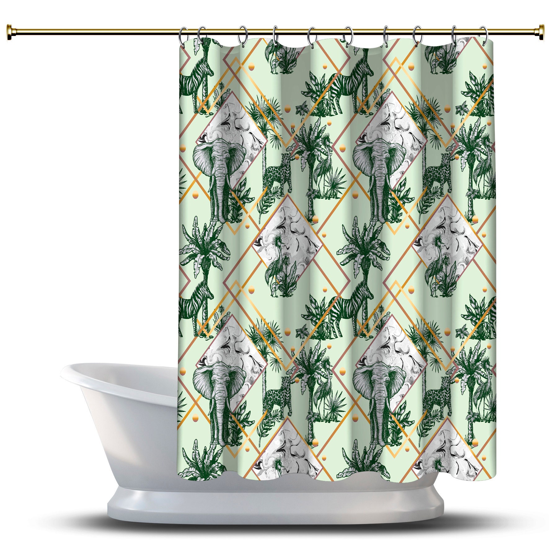 Multidimensional Palm Elephants with Leopards Green Shower Curtain for an Animal Themed Bathroom