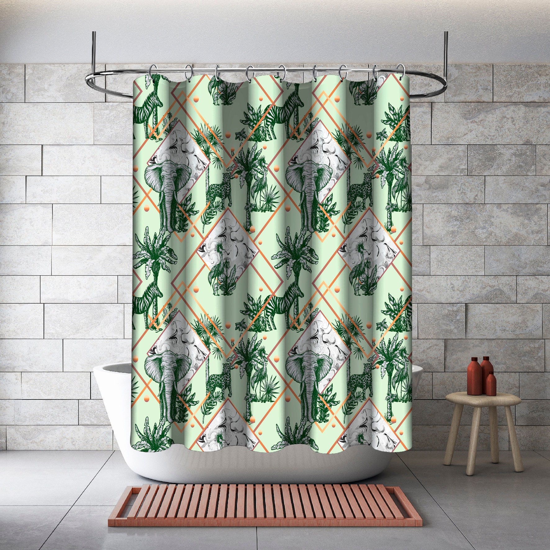 Multidimensional Palm Elephants with Leopards Green Shower Curtain for an Animal Themed Bathroom