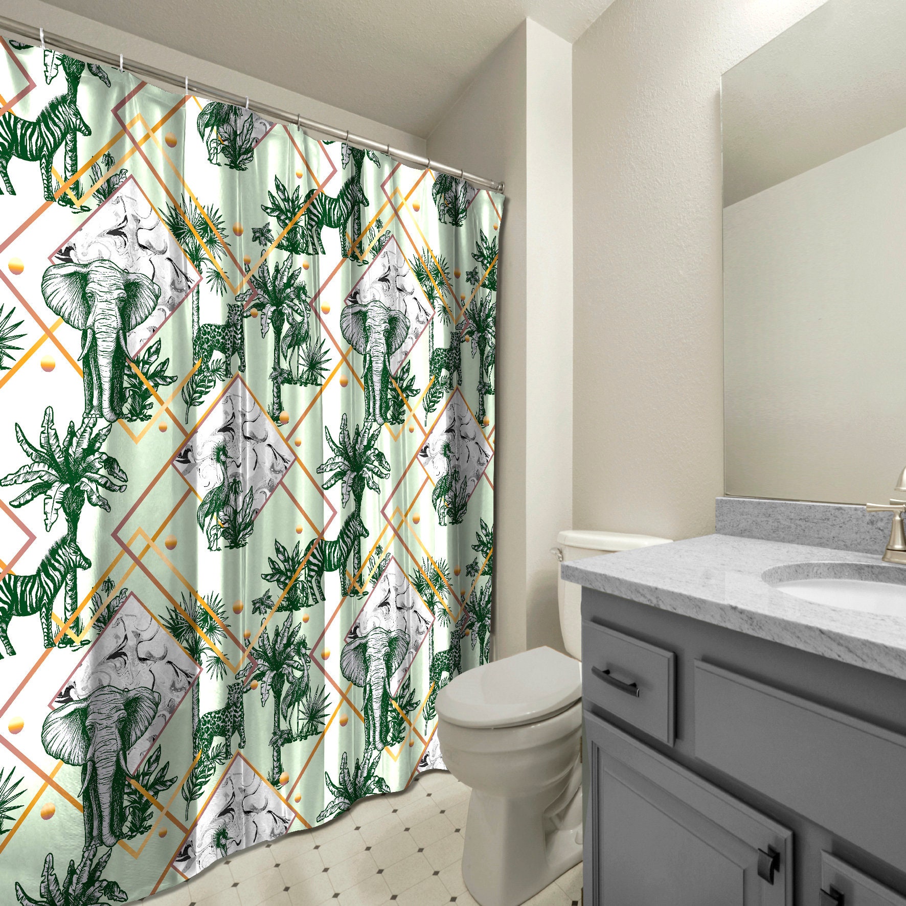 Multidimensional Palm Elephants with Leopards Green Shower Curtain for an Animal Themed Bathroom