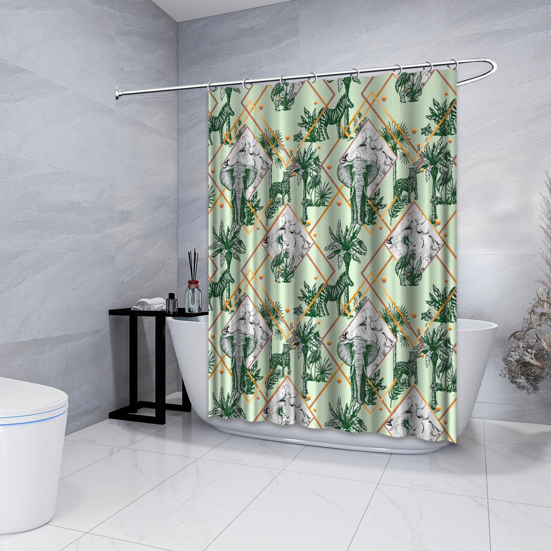 Multidimensional Palm Elephants with Leopards Green Shower Curtain for an Animal Themed Bathroom