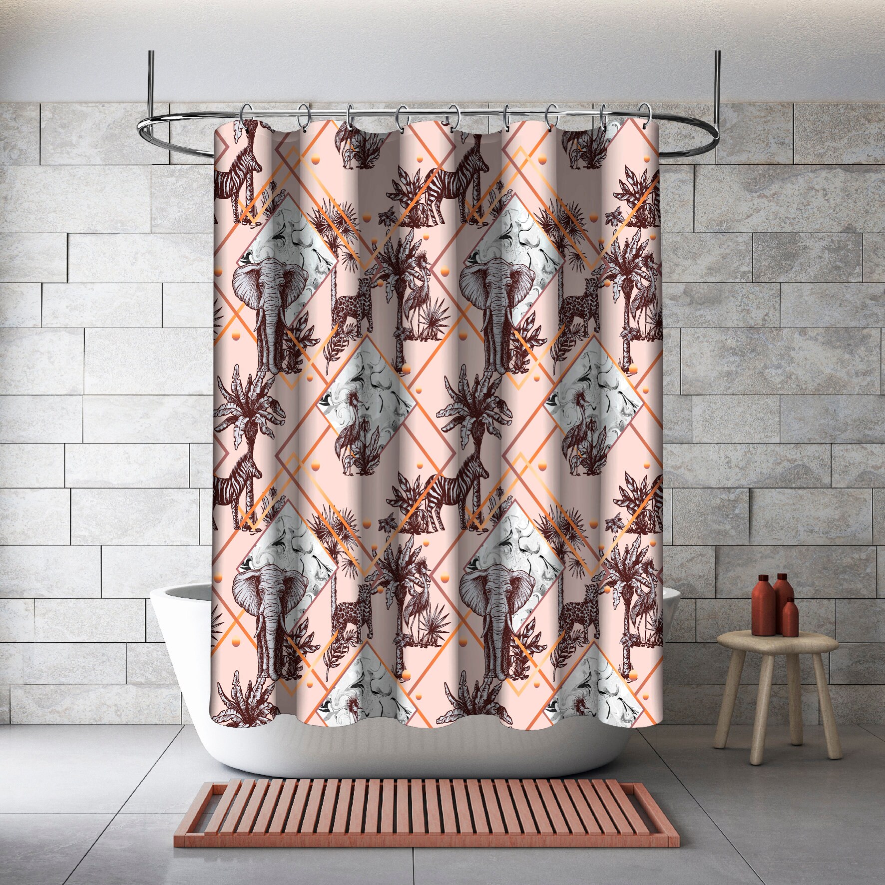Multidimensional Palm Elephants with Leopards Melon Shower Curtain for a Tropical Look