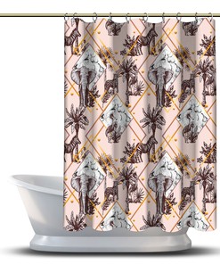 Multidimensional Palm Elephants with Leopards Melon Shower Curtain for a Tropical Look