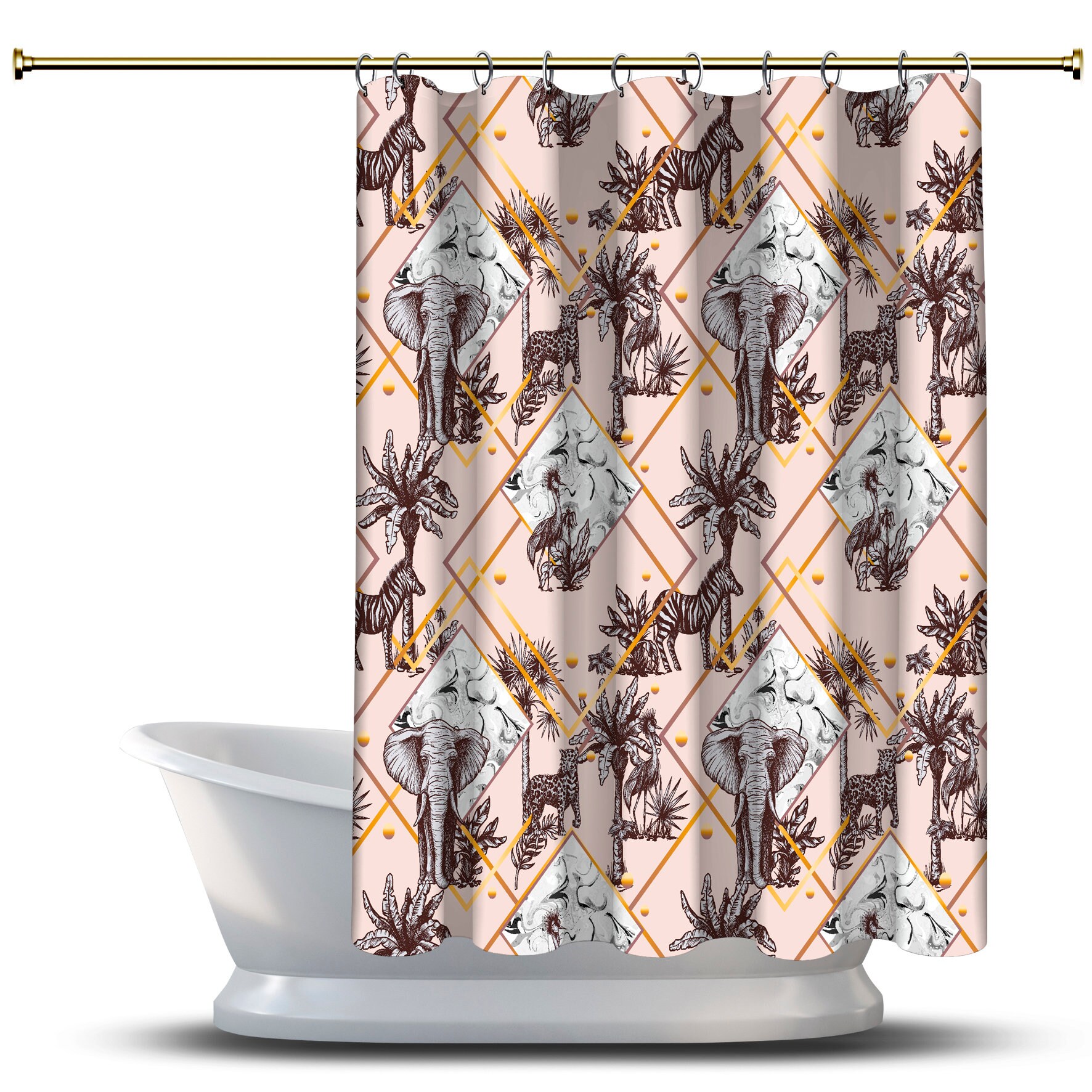Multidimensional Palm Elephants with Leopards Melon Shower Curtain for a Tropical Look