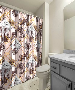 Multidimensional Palm Elephants with Leopards Melon Shower Curtain for a Tropical Look