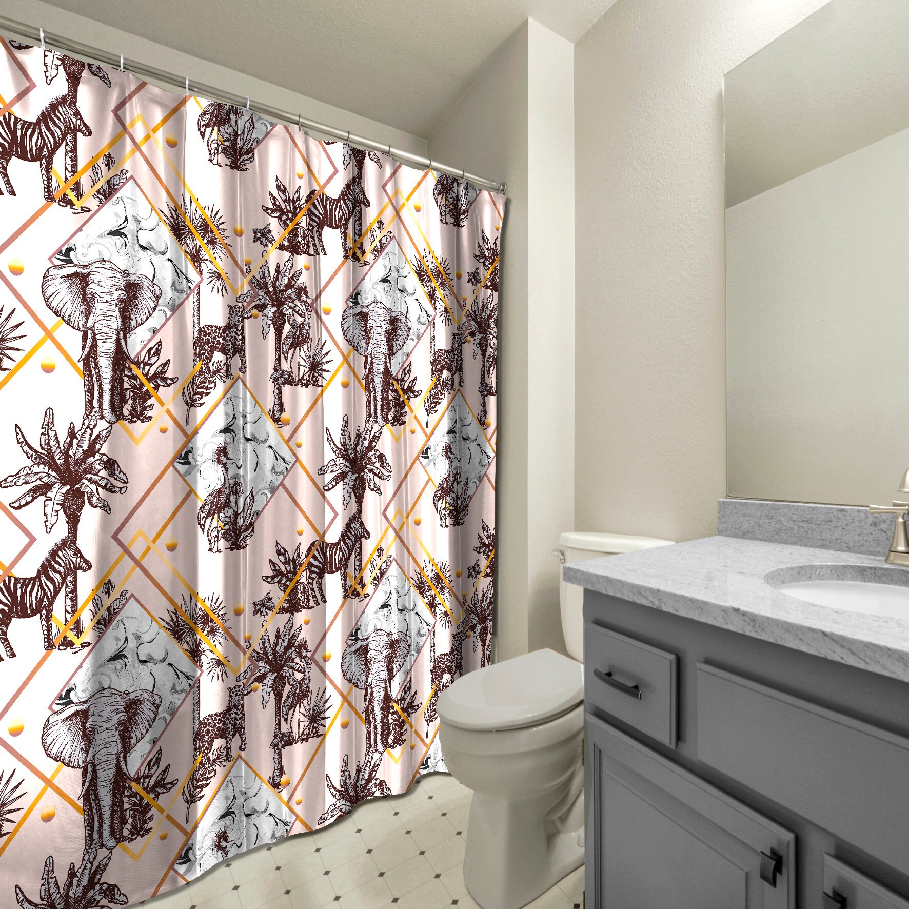 Multidimensional Palm Elephants with Leopards Melon Shower Curtain for a Tropical Look