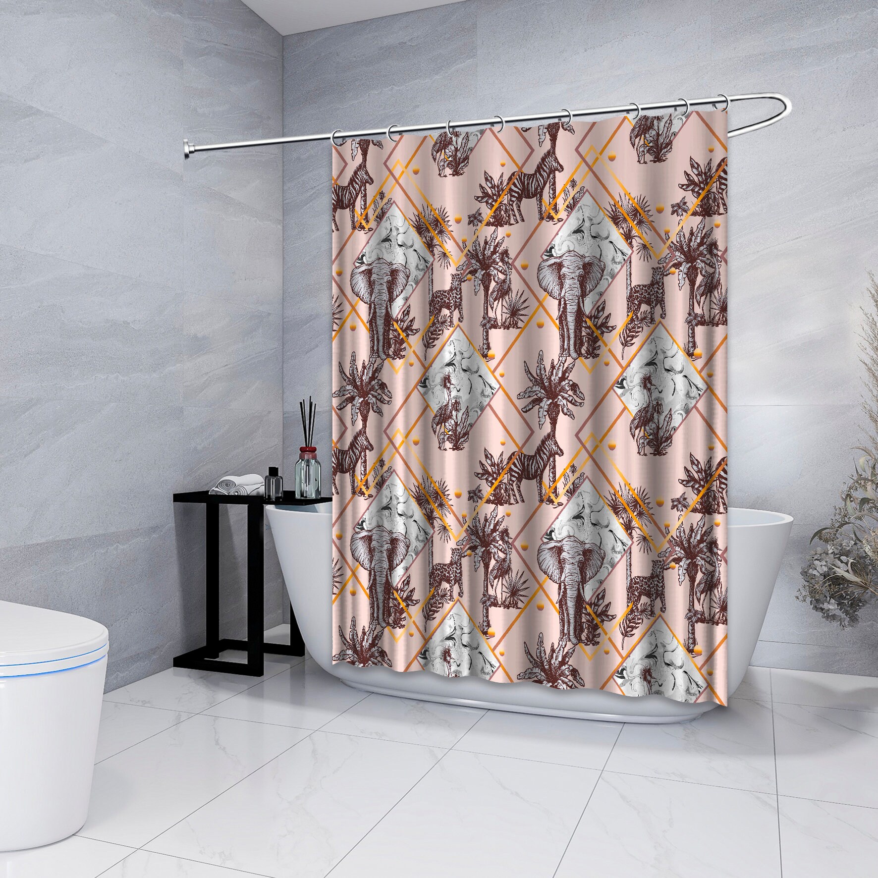 Multidimensional Palm Elephants with Leopards Melon Shower Curtain for a Tropical Look