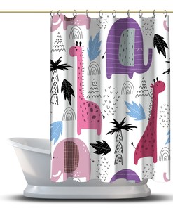Multidimensional Palm Tree Giraffe Elephant Animal Shower Curtain, Bathroom Decorations