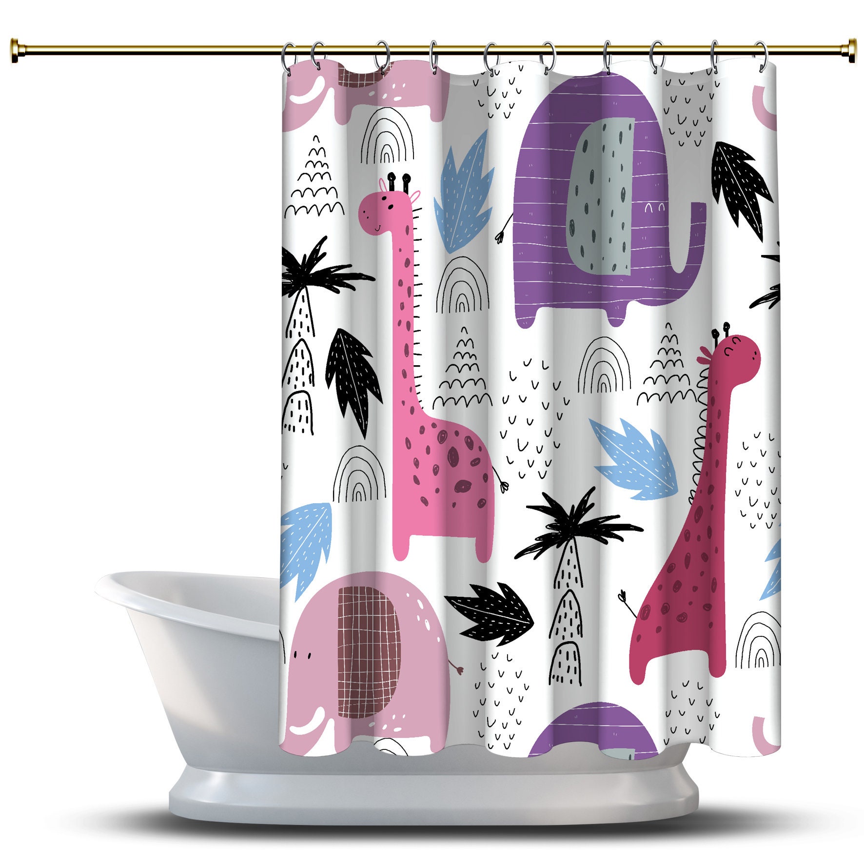 Multidimensional Palm Tree Giraffe Elephant Animal Shower Curtain, Bathroom Decorations