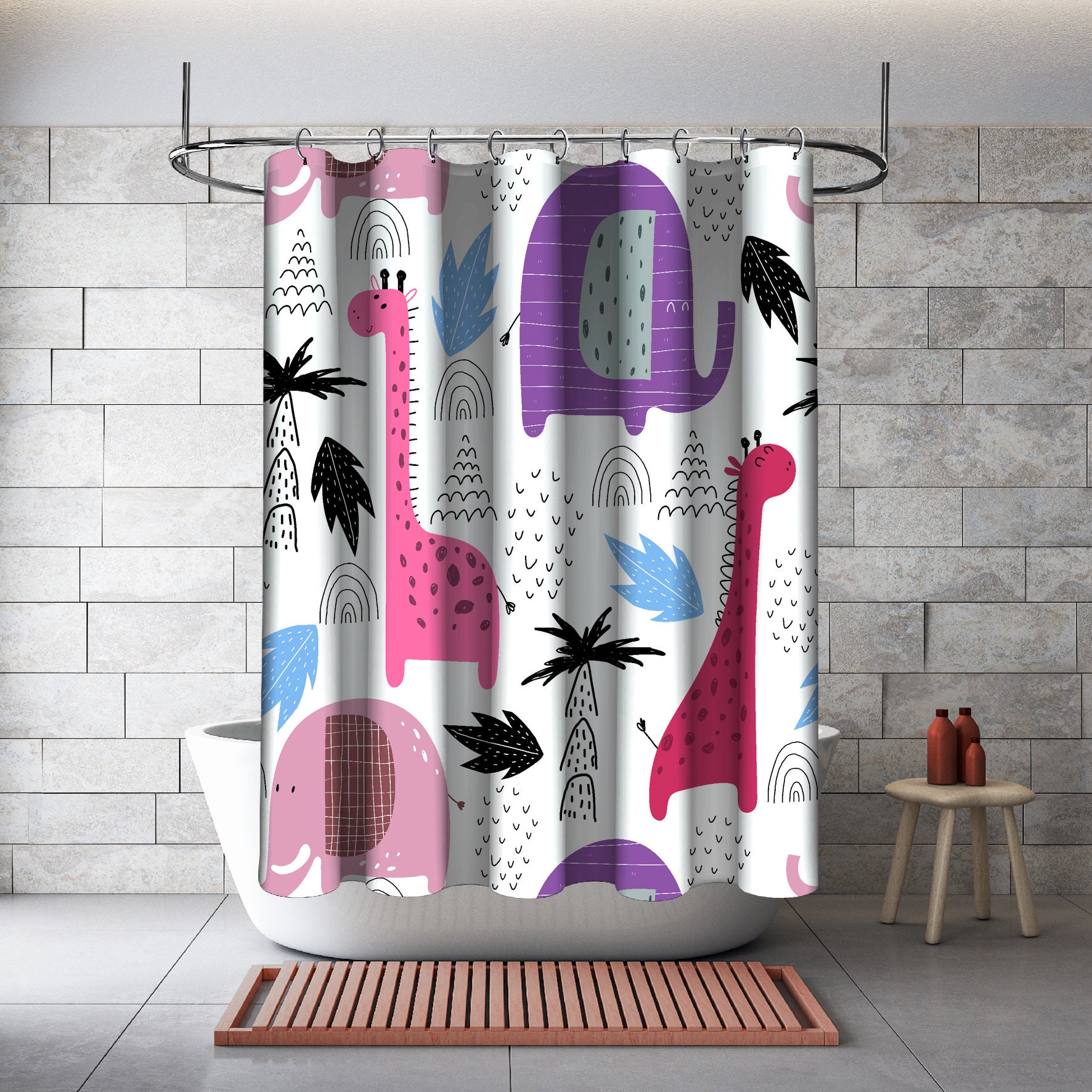Multidimensional Palm Tree Giraffe Elephant Animal Shower Curtain, Bathroom Decorations - Image 2
