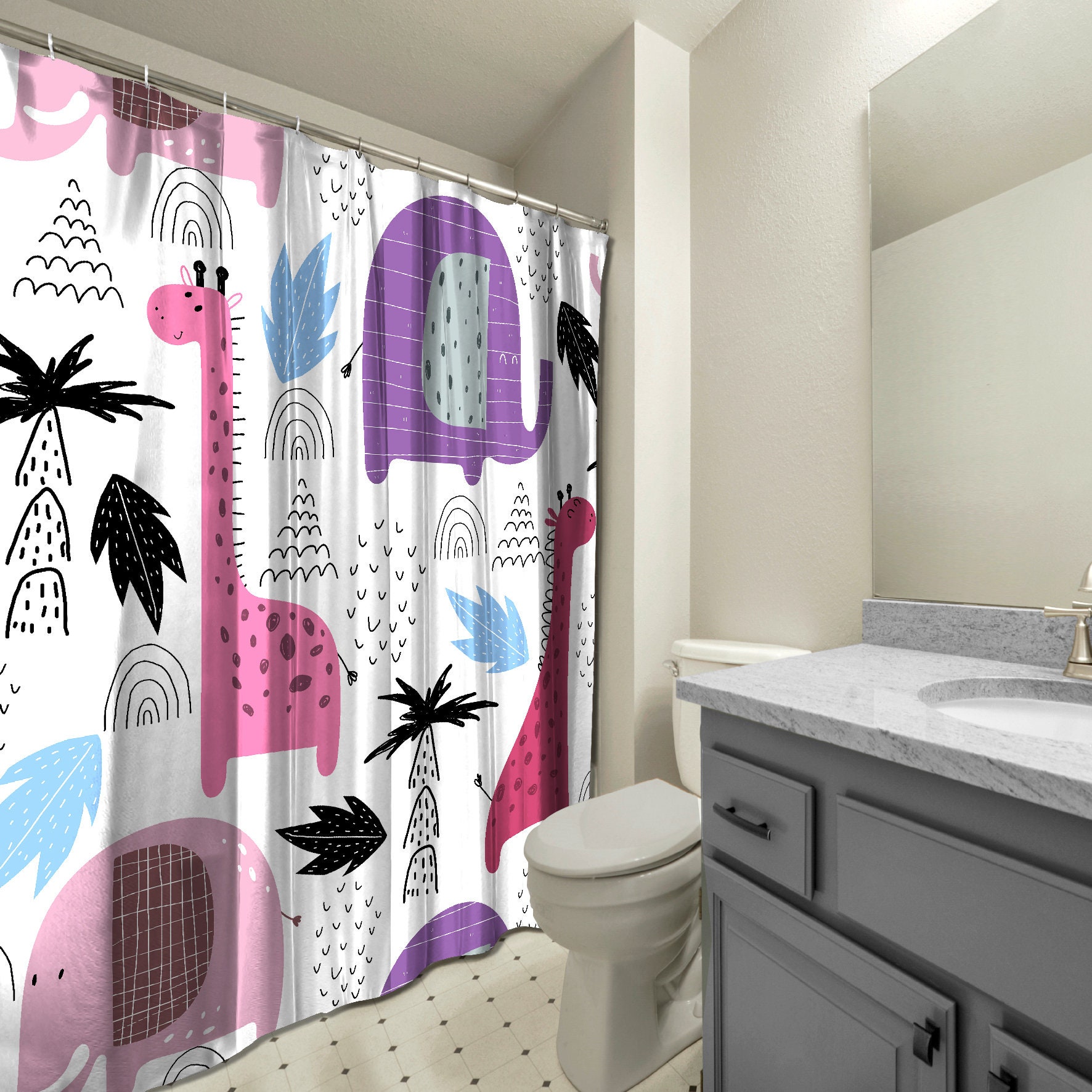 Multidimensional Palm Tree Giraffe Elephant Animal Shower Curtain, Bathroom Decorations - Image 3