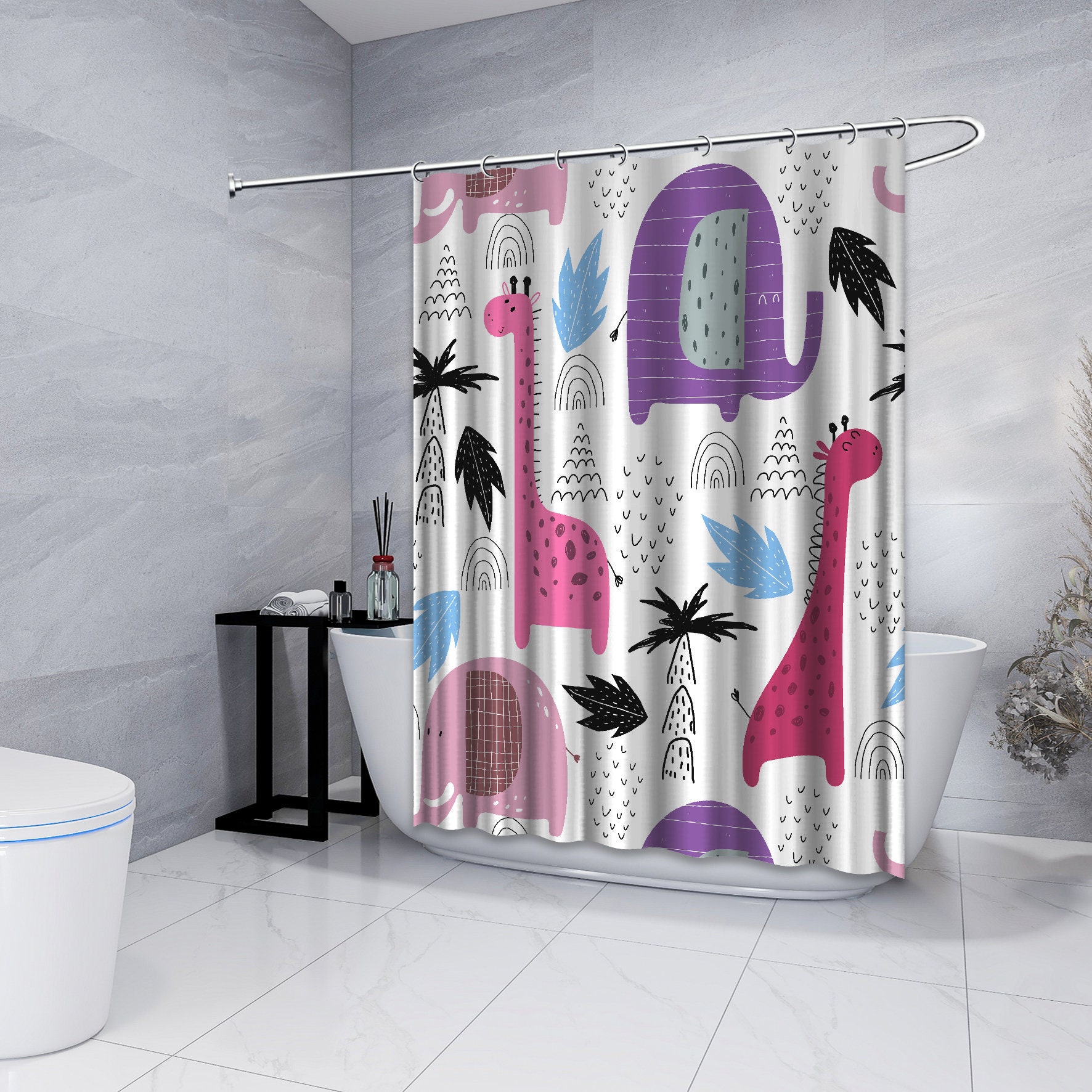 Multidimensional Palm Tree Giraffe Elephant Animal Shower Curtain, Bathroom Decorations - Image 4