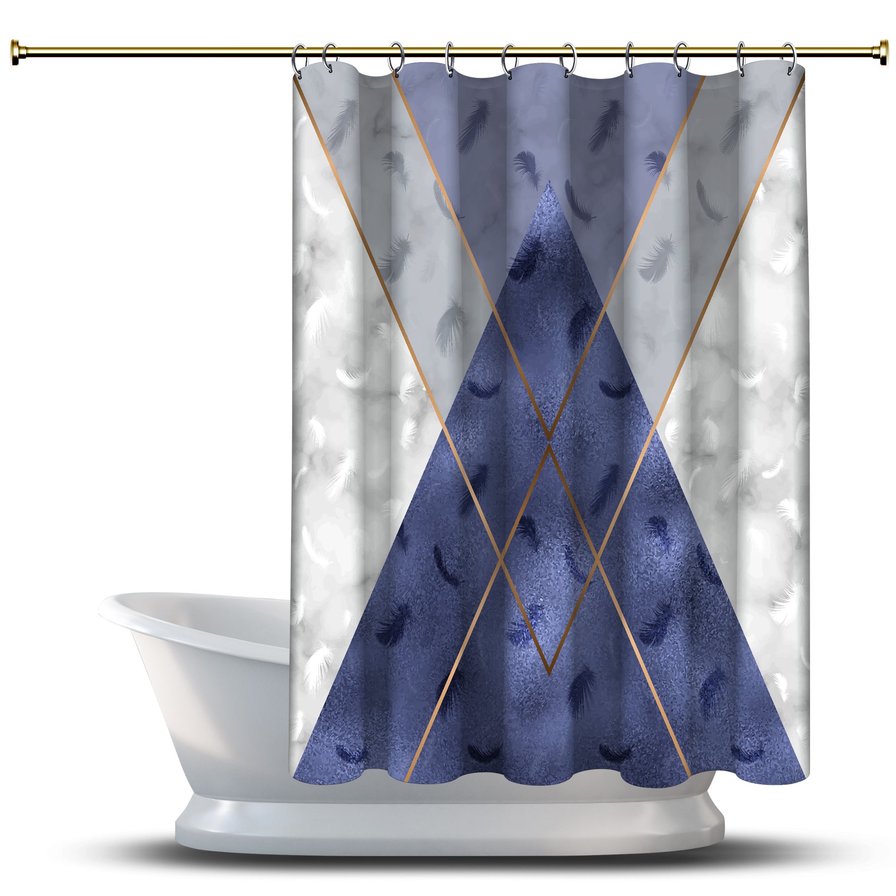 Multidimensional Royal Blue Triangle Shapes Shower Curtain, Geometric Printed and Waterproof for Bathroom