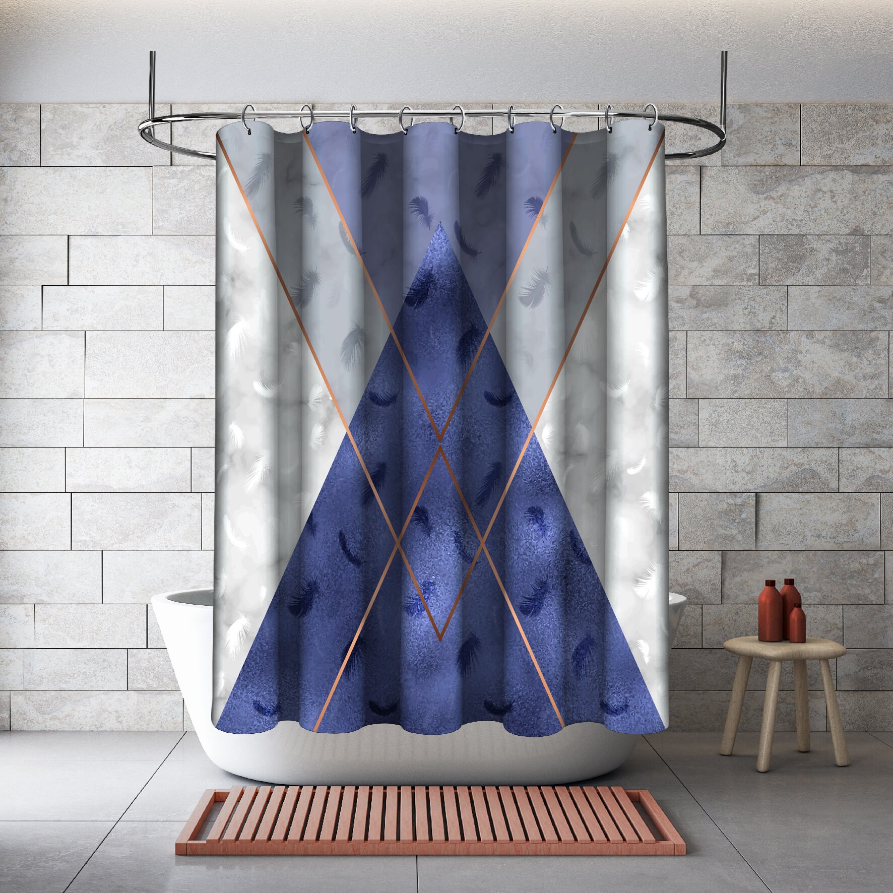 Multidimensional Royal Blue Triangle Shapes Shower Curtain, Geometric Printed and Waterproof for Bathroom