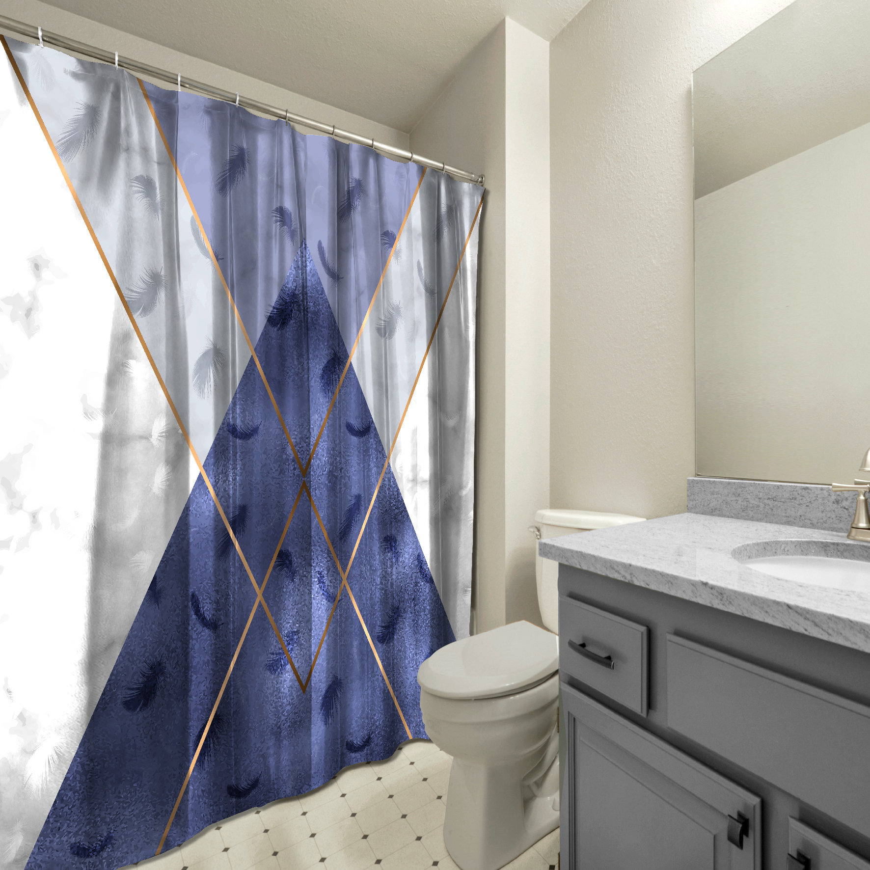 Multidimensional Royal Blue Triangle Shapes Shower Curtain, Geometric Printed and Waterproof for Bathroom