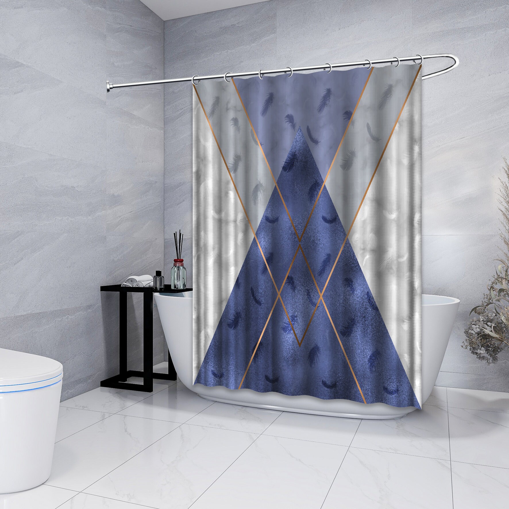 Multidimensional Royal Blue Triangle Shapes Shower Curtain, Geometric Printed and Waterproof for Bathroom