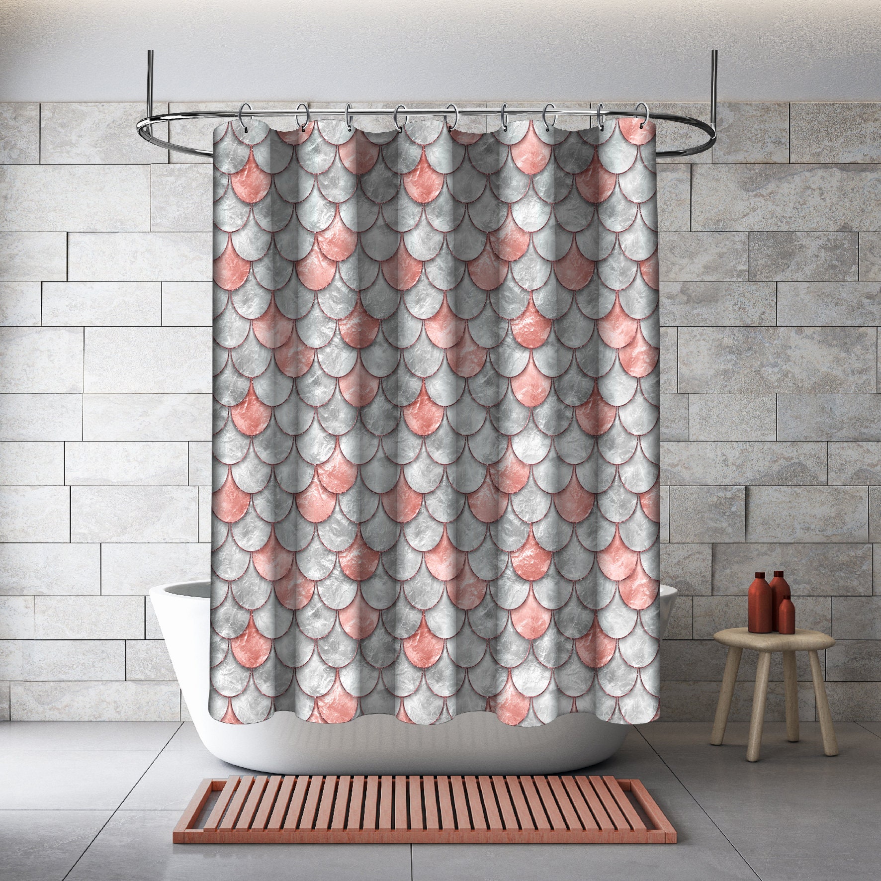 Multidimensional Salmon Color Pearl Fish Scales Shower Curtain For Tropical Bathroom