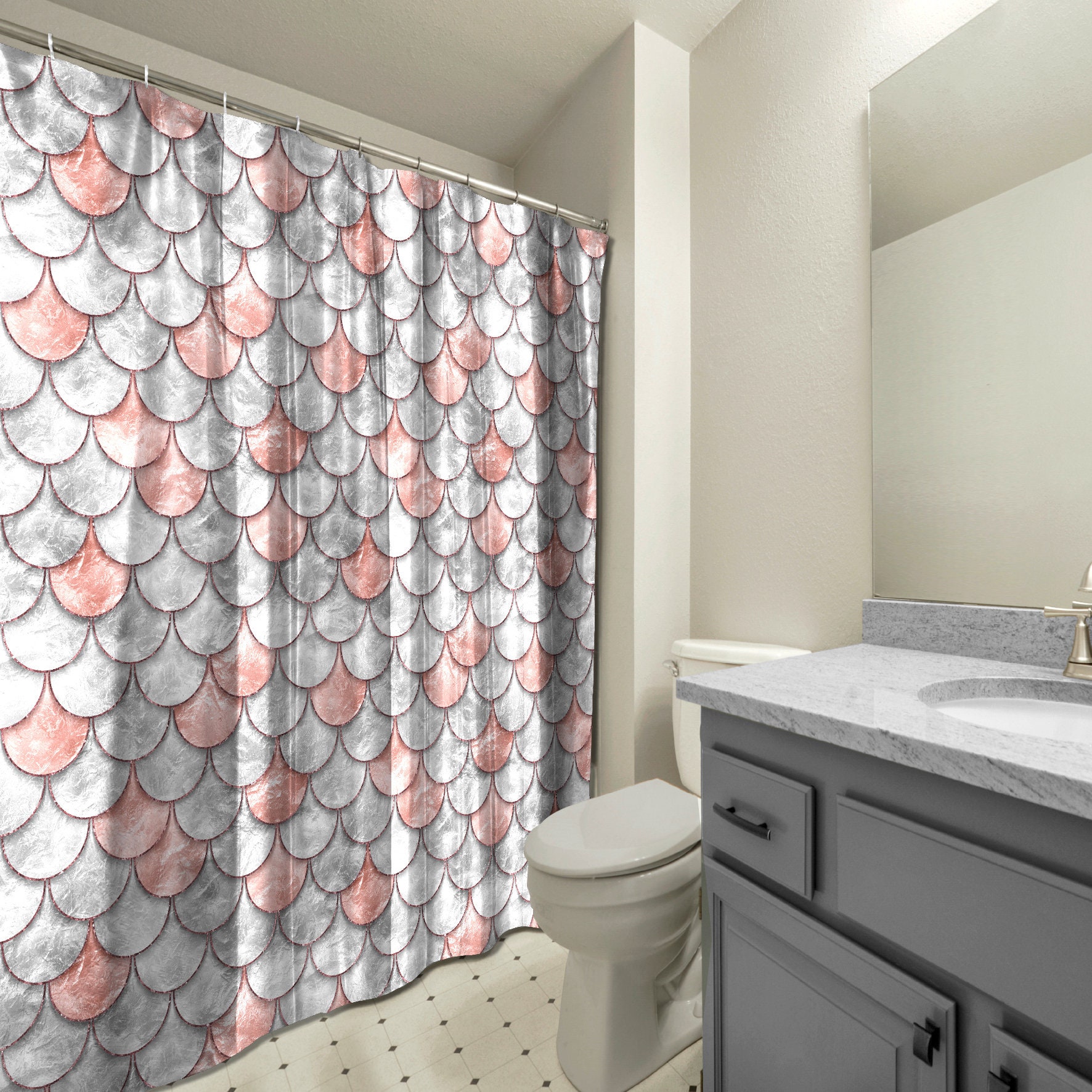 Multidimensional Salmon Color Pearl Fish Scales Shower Curtain For Tropical Bathroom