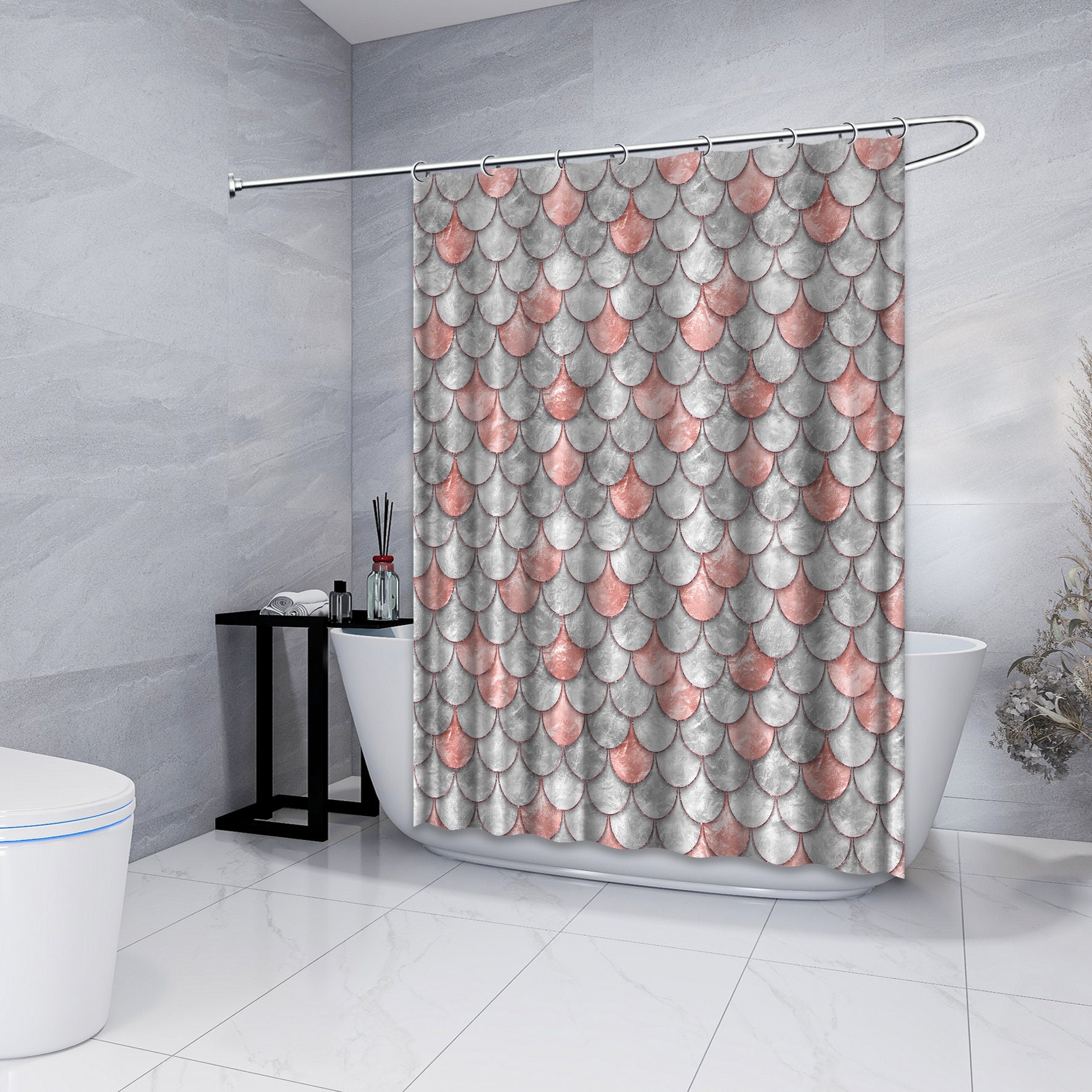 Multidimensional Salmon Color Pearl Fish Scales Shower Curtain For Tropical Bathroom
