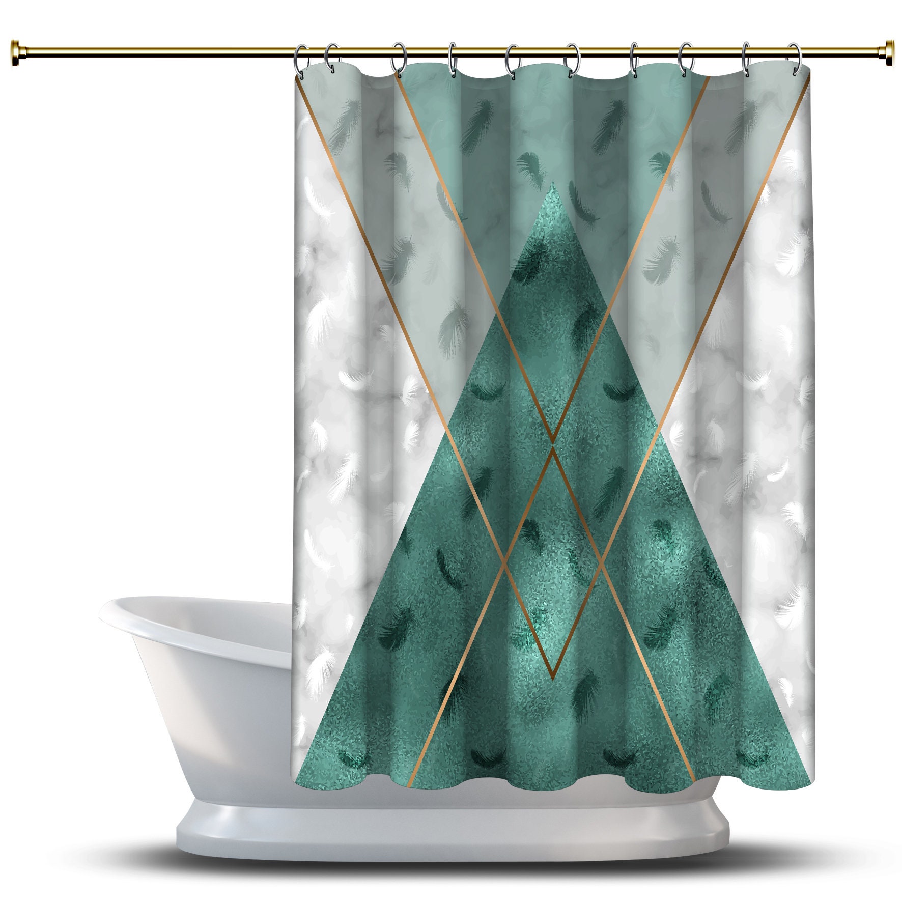 Multidimensional Teal Green Triangle Shapes Shower Curtain, Geometric Printed and Waterproof for Bathroom