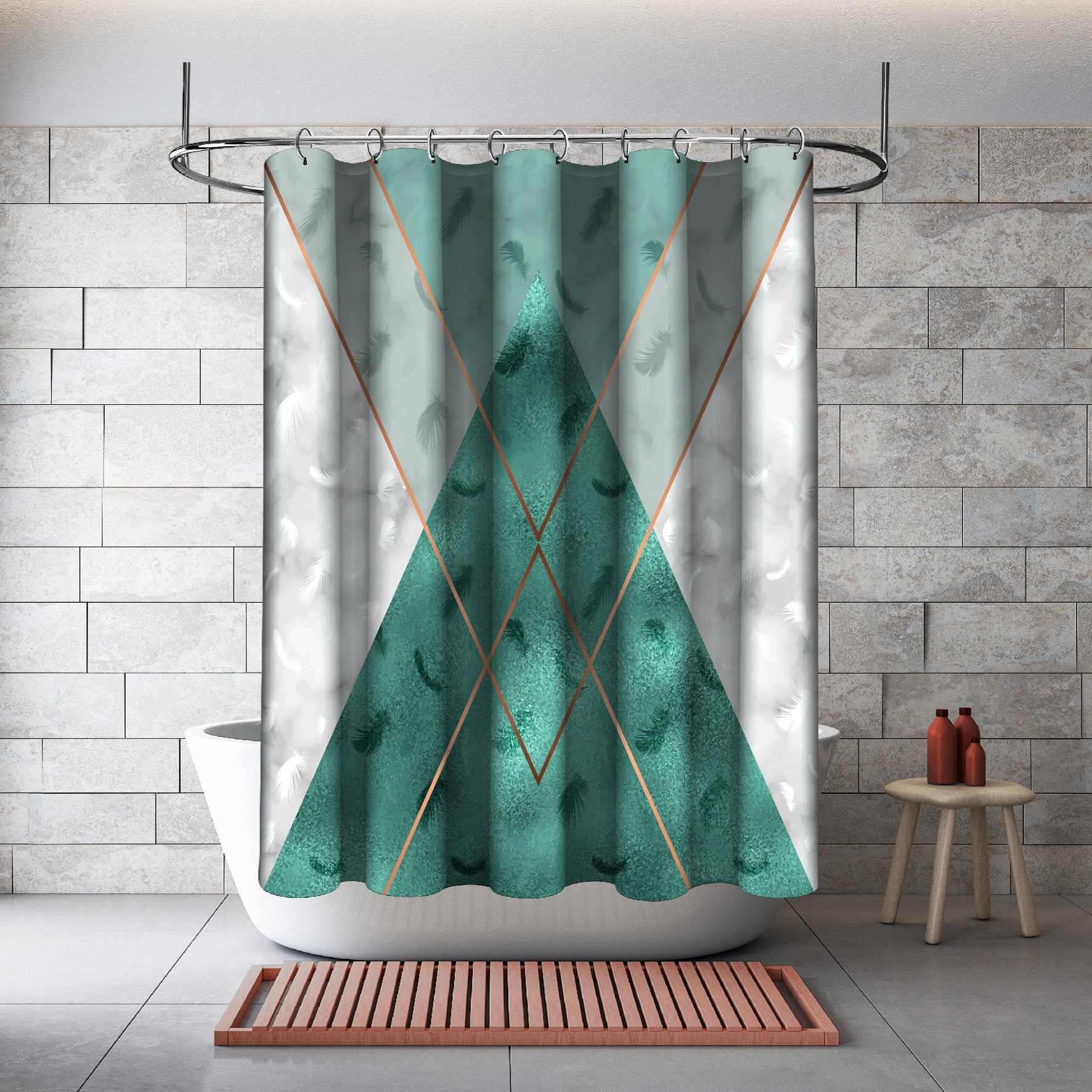 Multidimensional Teal Green Triangle Shapes Shower Curtain, Geometric Printed and Waterproof for Bathroom