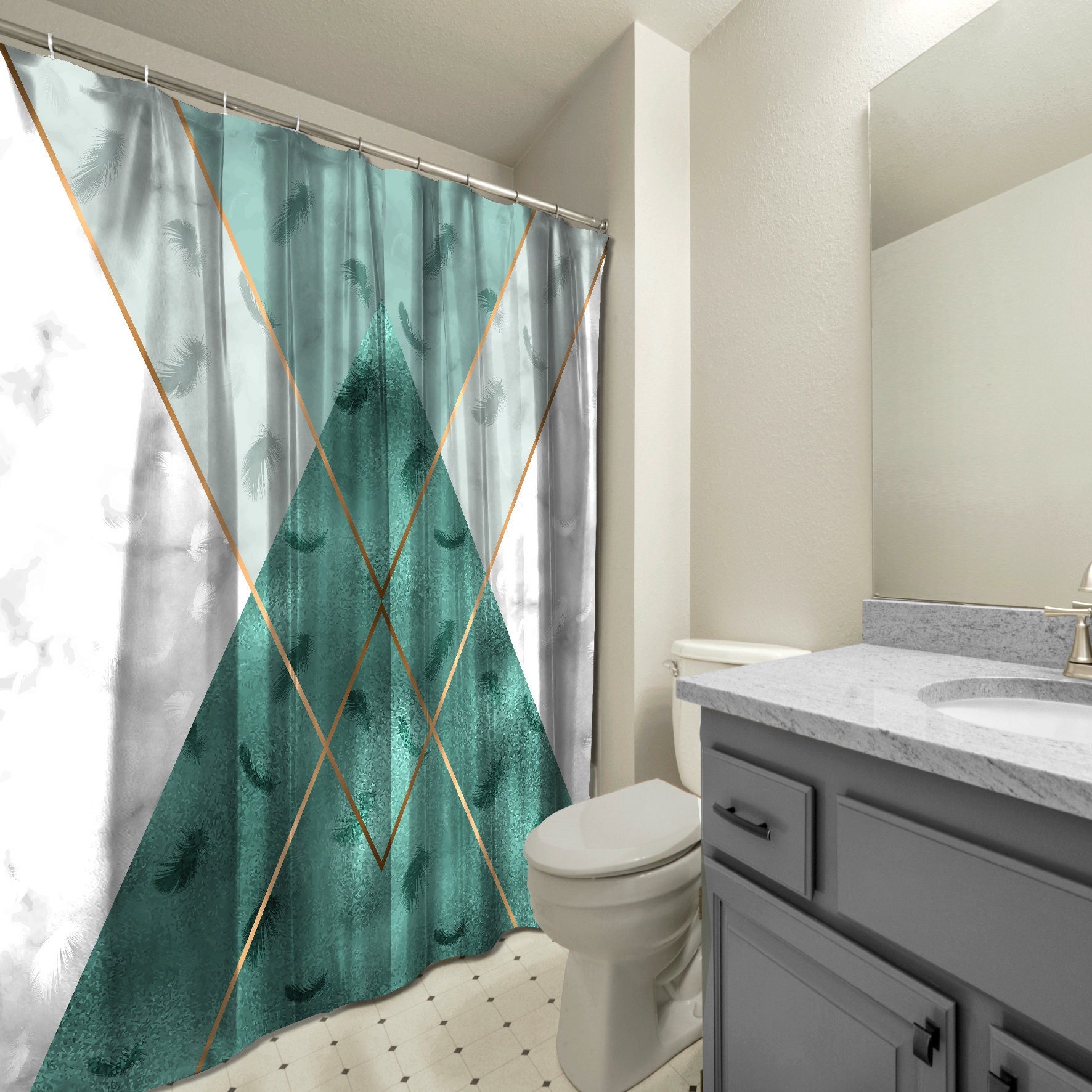 Multidimensional Teal Green Triangle Shapes Shower Curtain, Geometric Printed and Waterproof for Bathroom