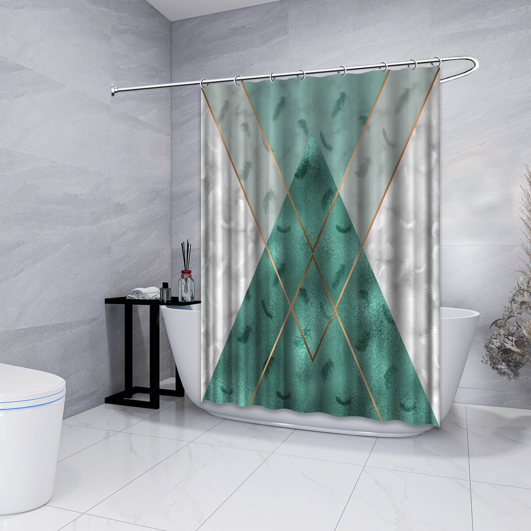 Multidimensional Teal Green Triangle Shapes Shower Curtain, Geometric Printed and Waterproof for Bathroom