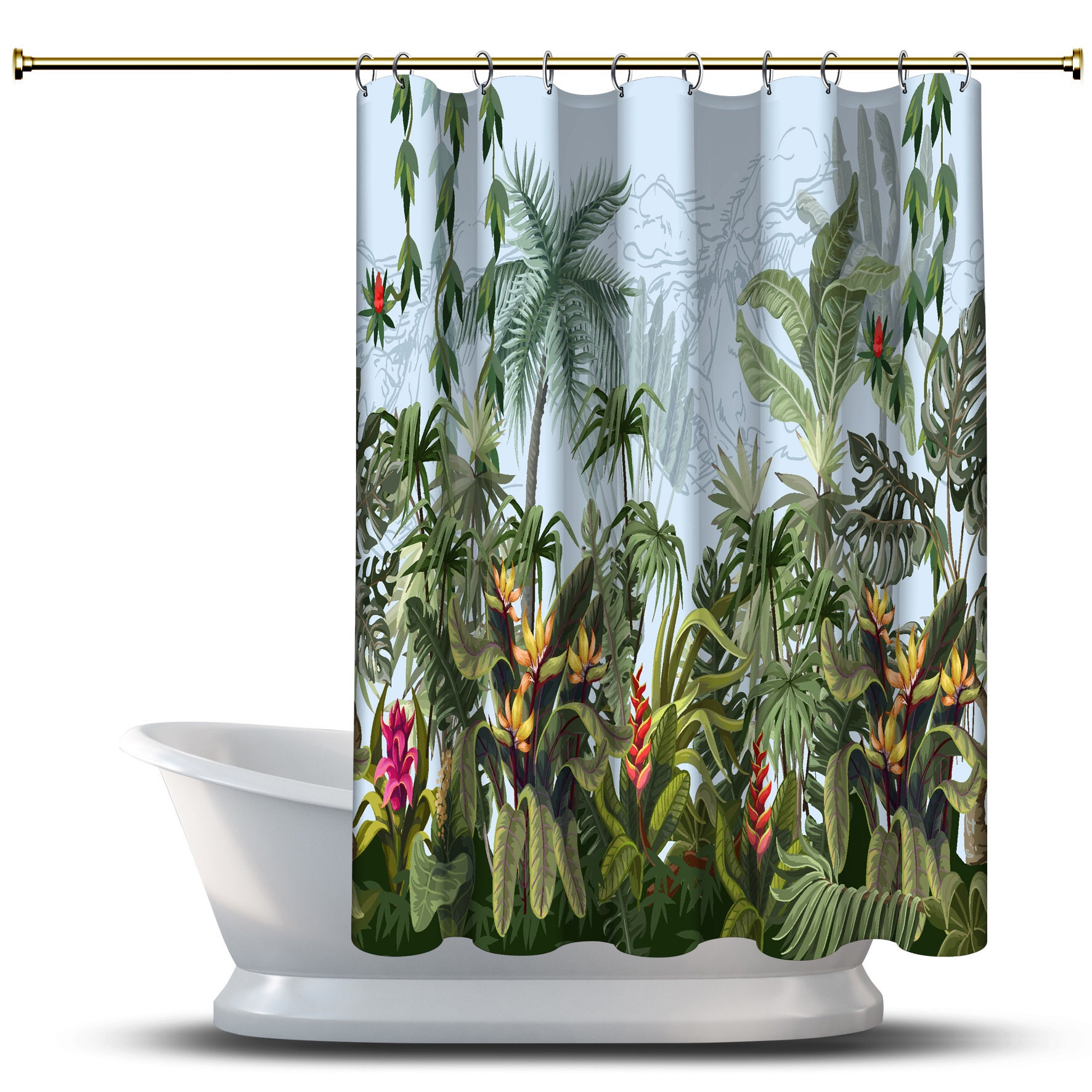 Multidimensional Tropical Trees And Plants Art Printed Shower Curtain, Waterproof Bathroom Decor