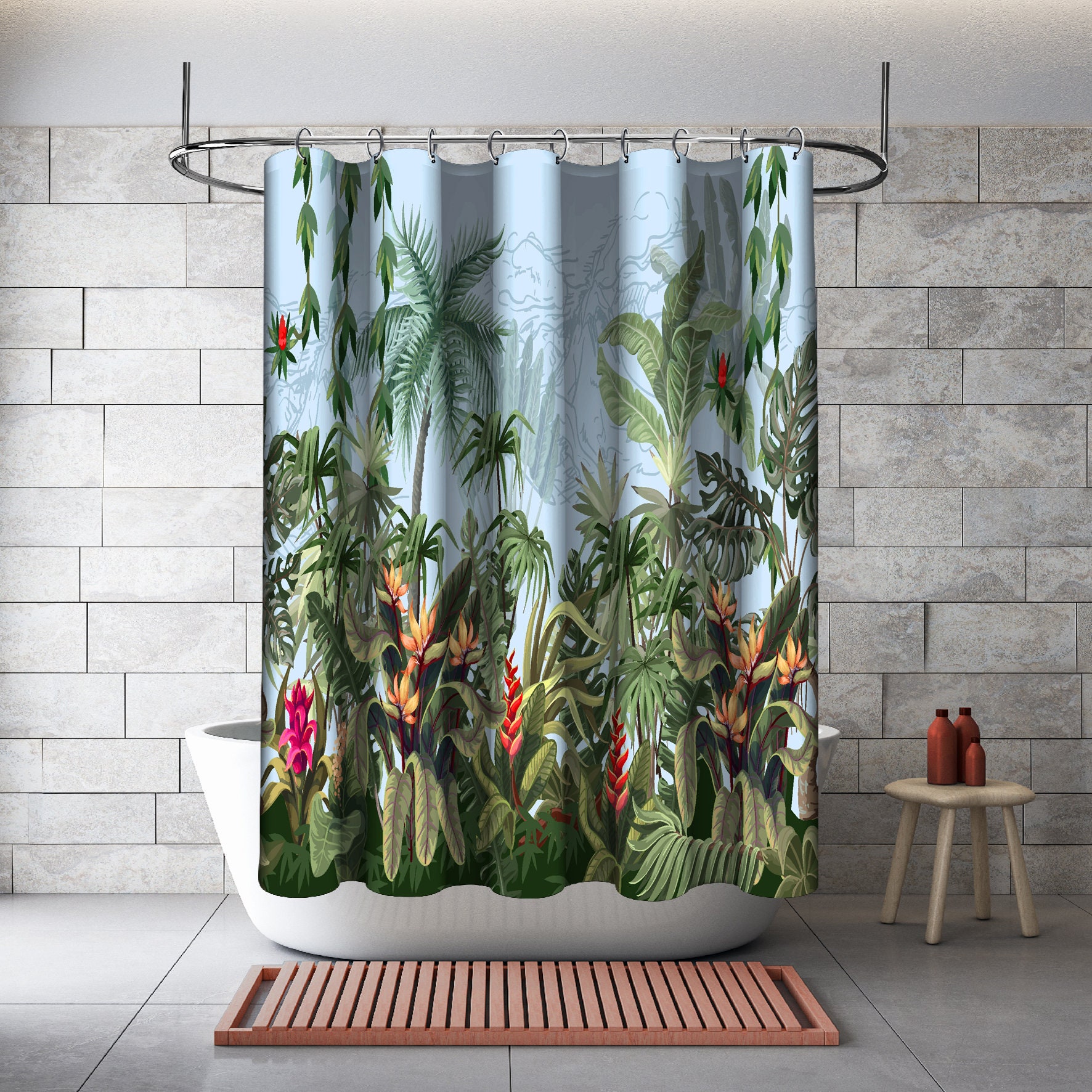 Multidimensional Tropical Trees And Plants Art Printed Shower Curtain, Waterproof Bathroom Decor