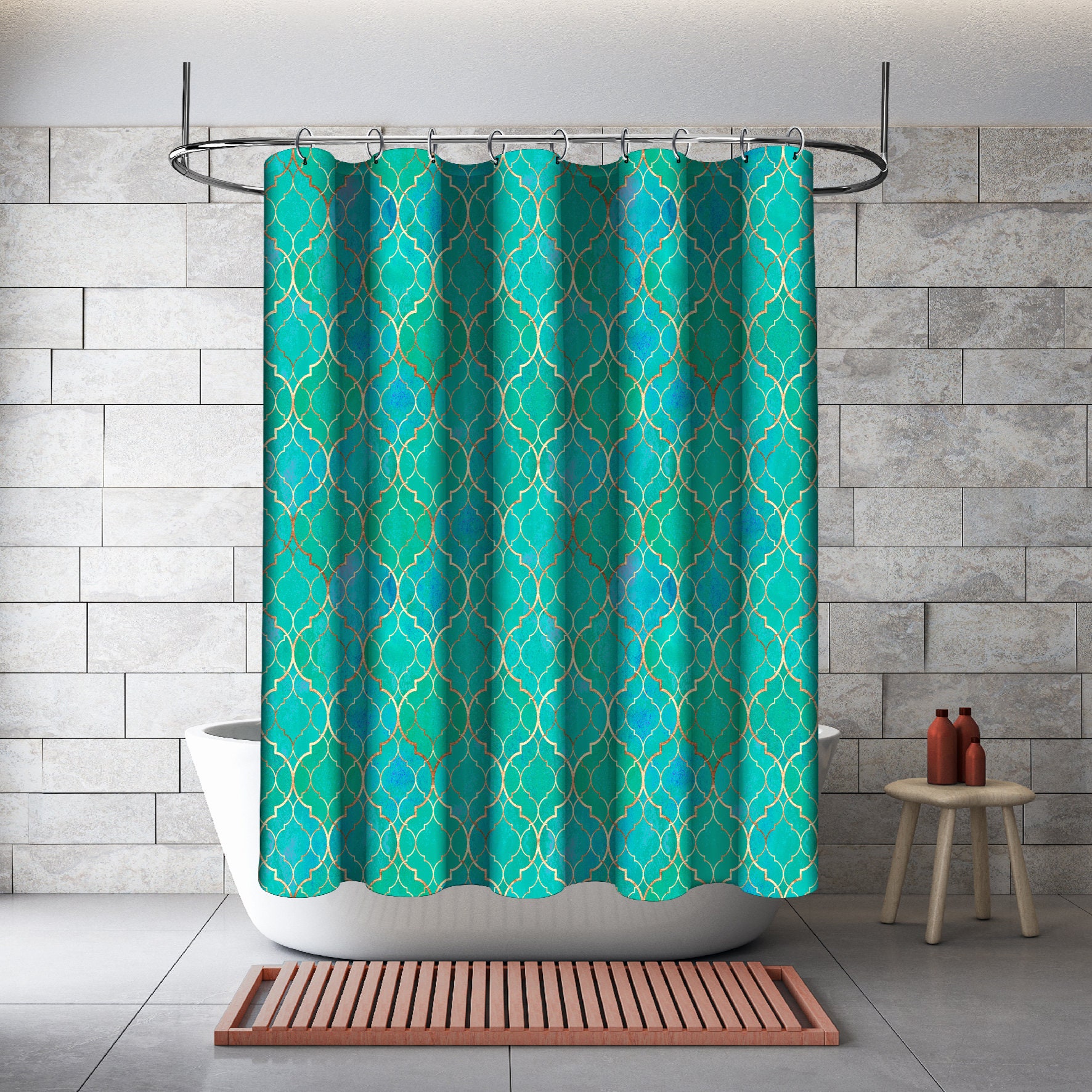 Multidimensional Turquoise Blue Vintage Moroccan Shower Curtain