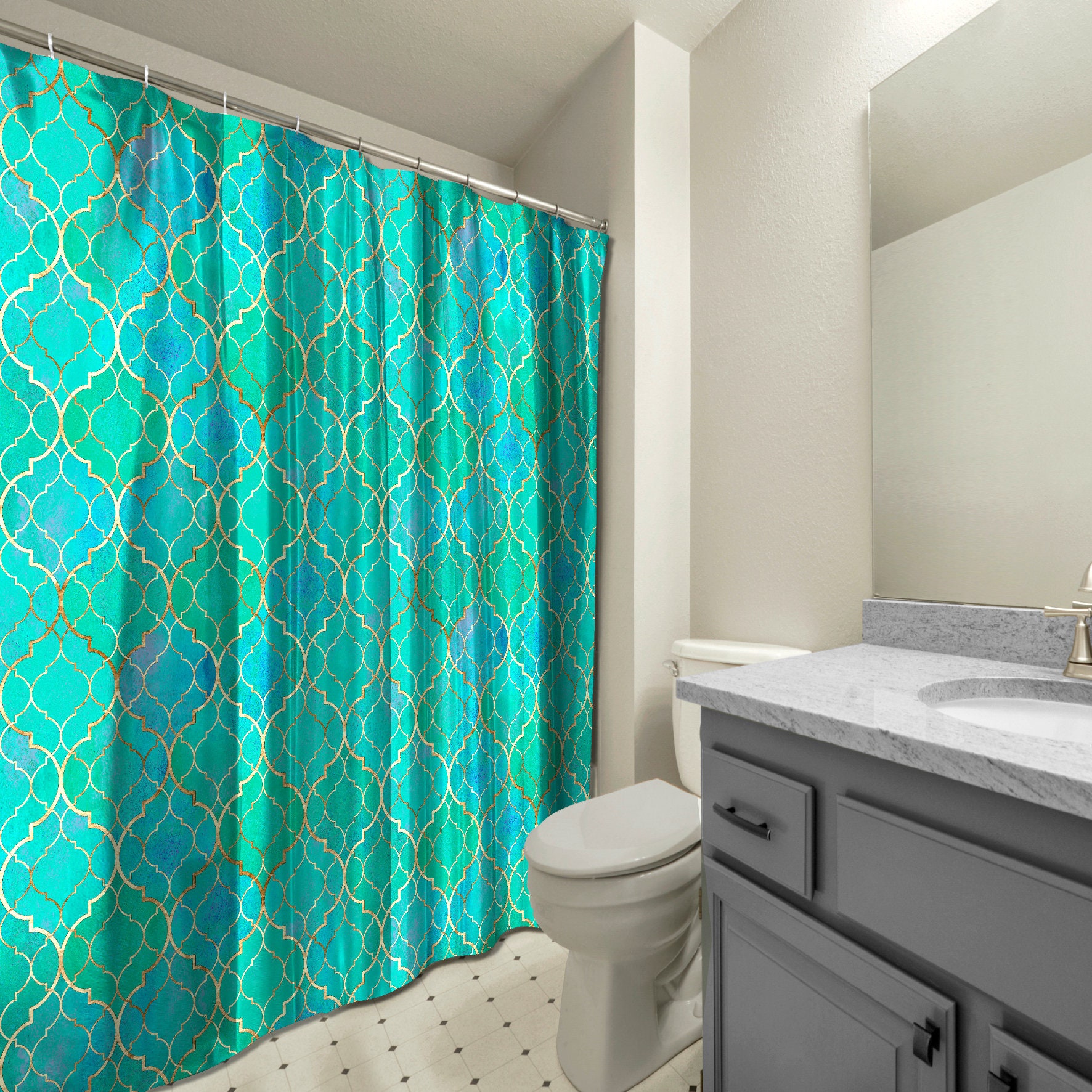 Multidimensional Turquoise Blue Vintage Moroccan Shower Curtain