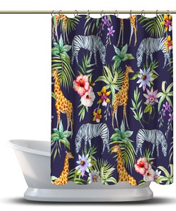 Multidimensional Zebra, Giraffe and Flowers Forest Printed Shower Curtain for a Fun Bathroom Decor