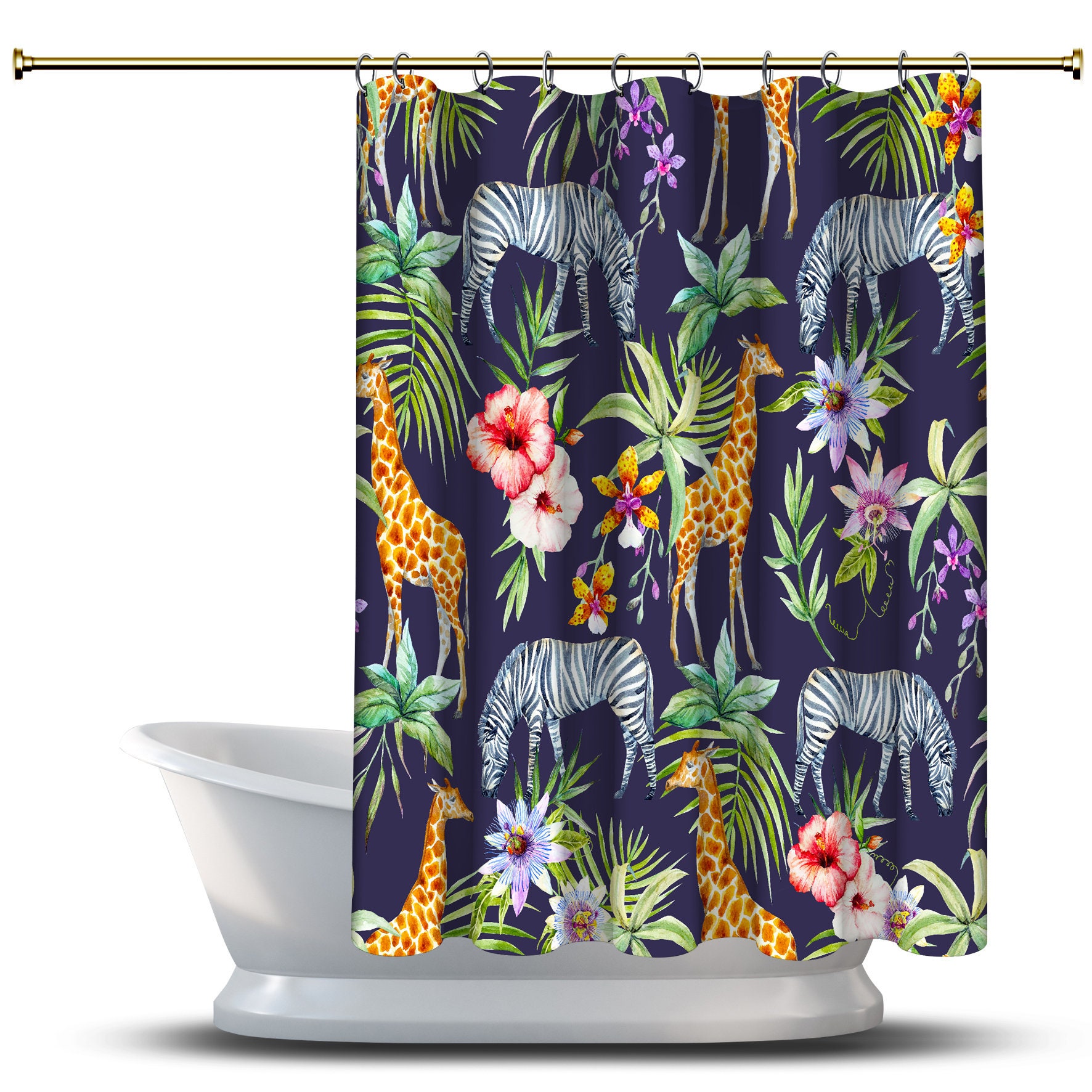 Multidimensional Zebra, Giraffe and Flowers Forest Printed Shower Curtain for a Fun Bathroom Decor