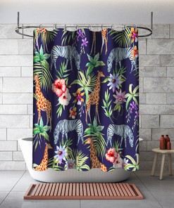Multidimensional Zebra, Giraffe and Flowers Forest Printed Shower Curtain for a Fun Bathroom Decor