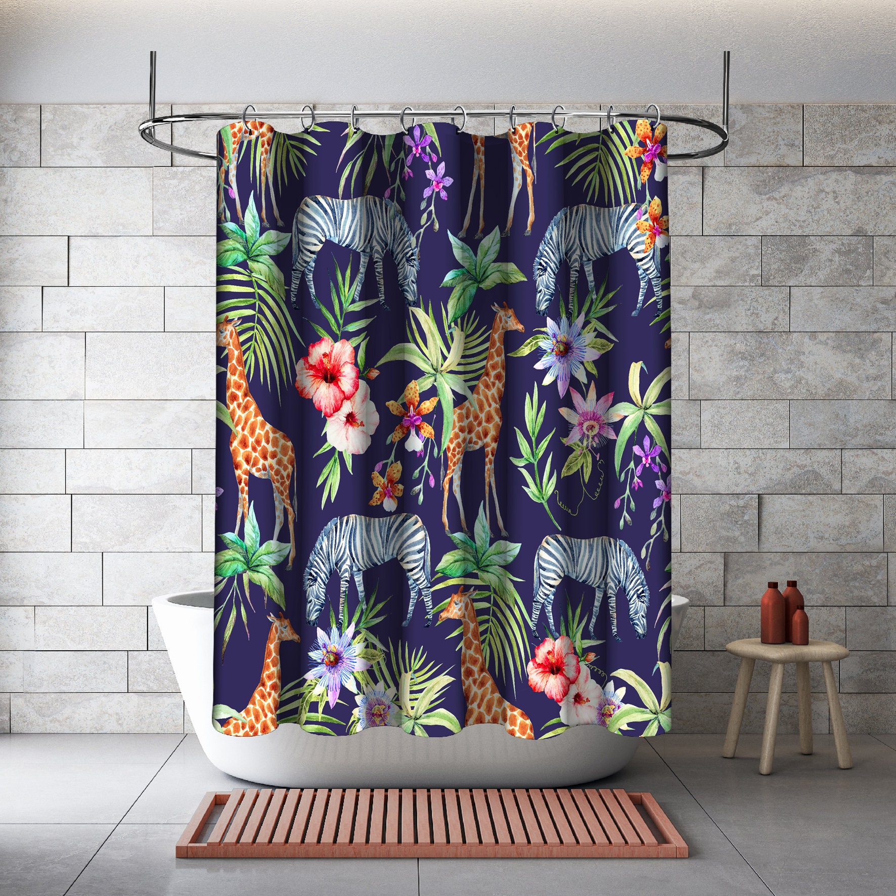 Multidimensional Zebra, Giraffe and Flowers Forest Printed Shower Curtain for a Fun Bathroom Decor