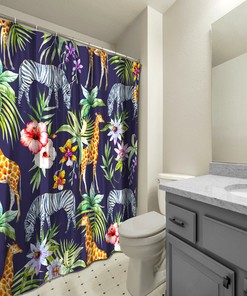 Multidimensional Zebra, Giraffe and Flowers Forest Printed Shower Curtain for a Fun Bathroom Decor