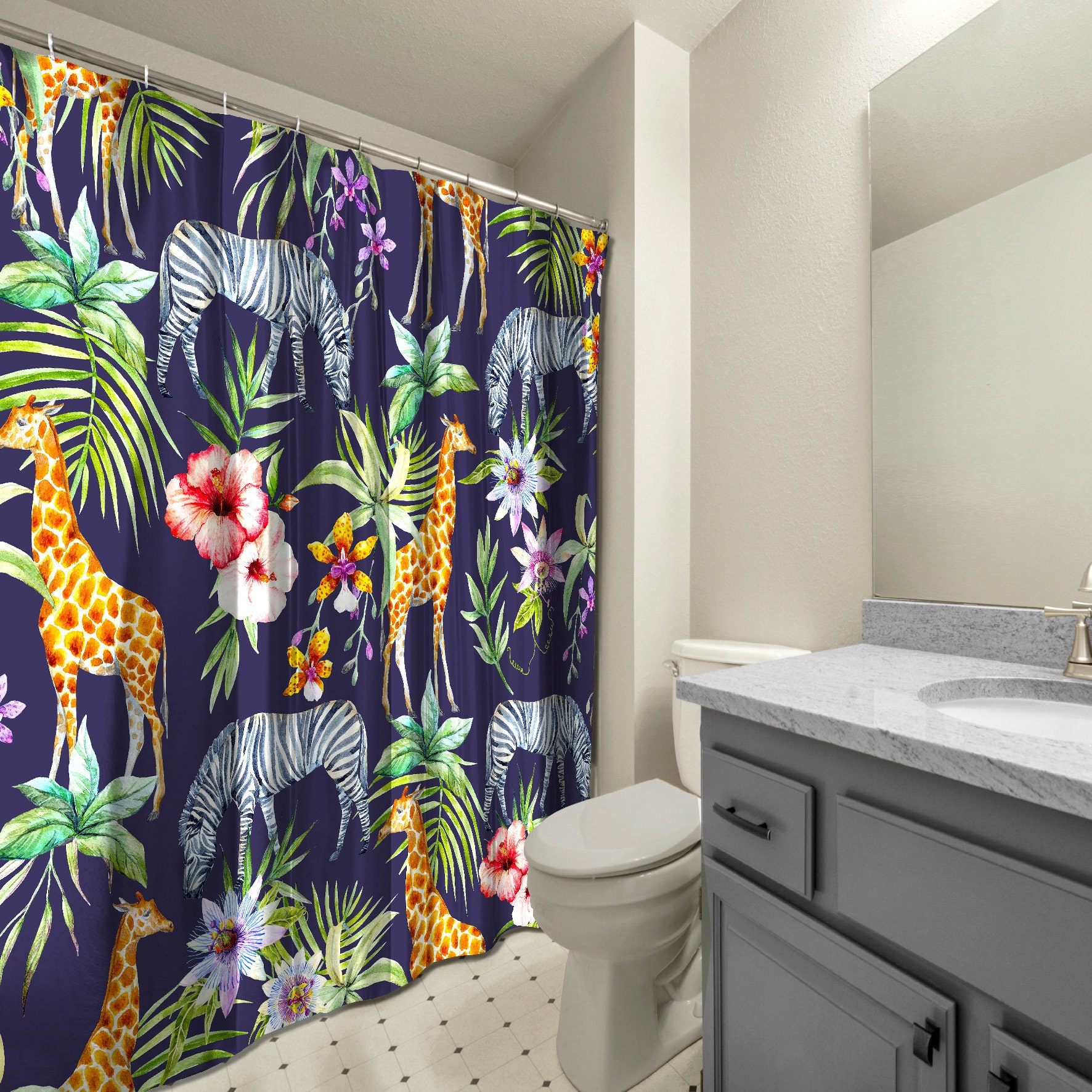 Multidimensional Zebra, Giraffe and Flowers Forest Printed Shower Curtain for a Fun Bathroom Decor