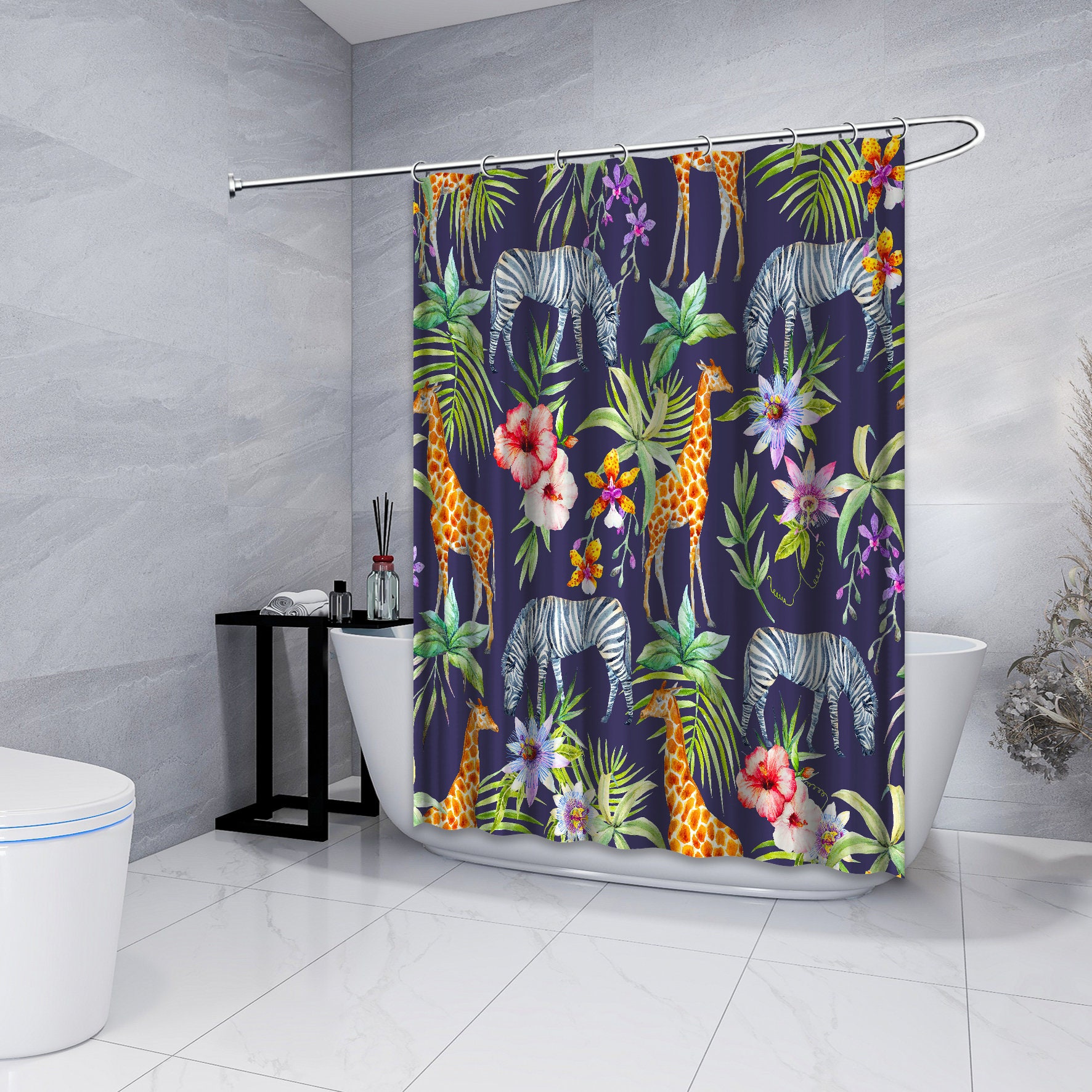 Multidimensional Zebra, Giraffe and Flowers Forest Printed Shower Curtain for a Fun Bathroom Decor