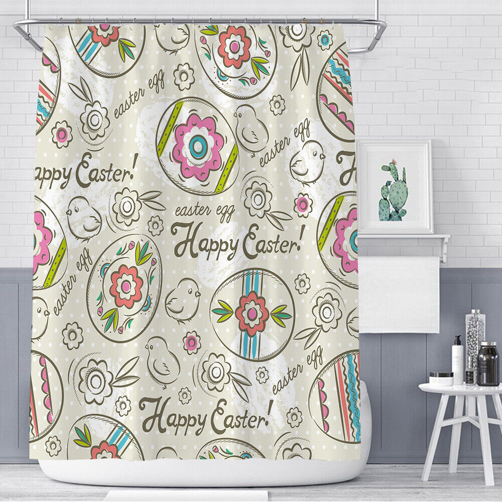 Multiple Size Bathroom Cartoon Easter Eggs Flower Chick Print Shower Curtain