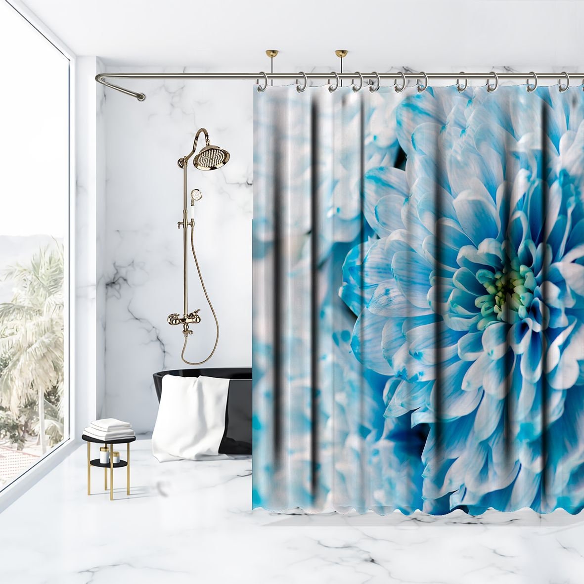 Multiple Sized Summer Blossom Flower Print Shower Curtain - Waterproof Drapes For Bathtub
