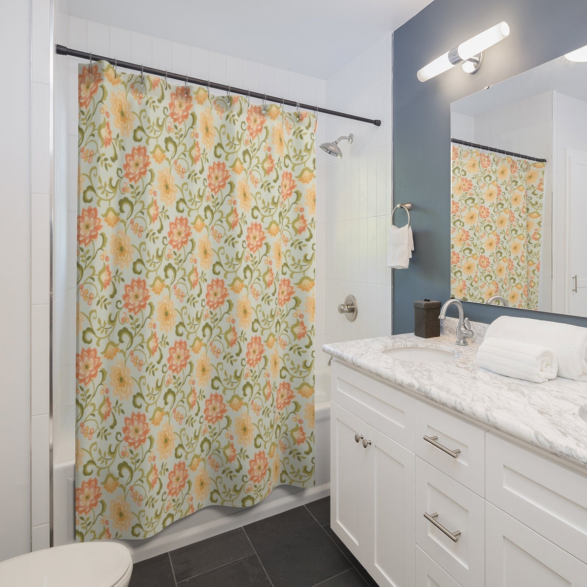 Mums Orange and Yellow Print Fabric Shower Curtain