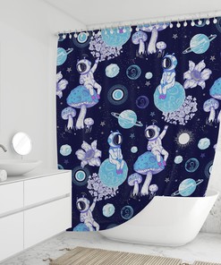 Mushroom Astronaut Moon Fantasy Shower Curtain - Psychedelic Bathroom Decor