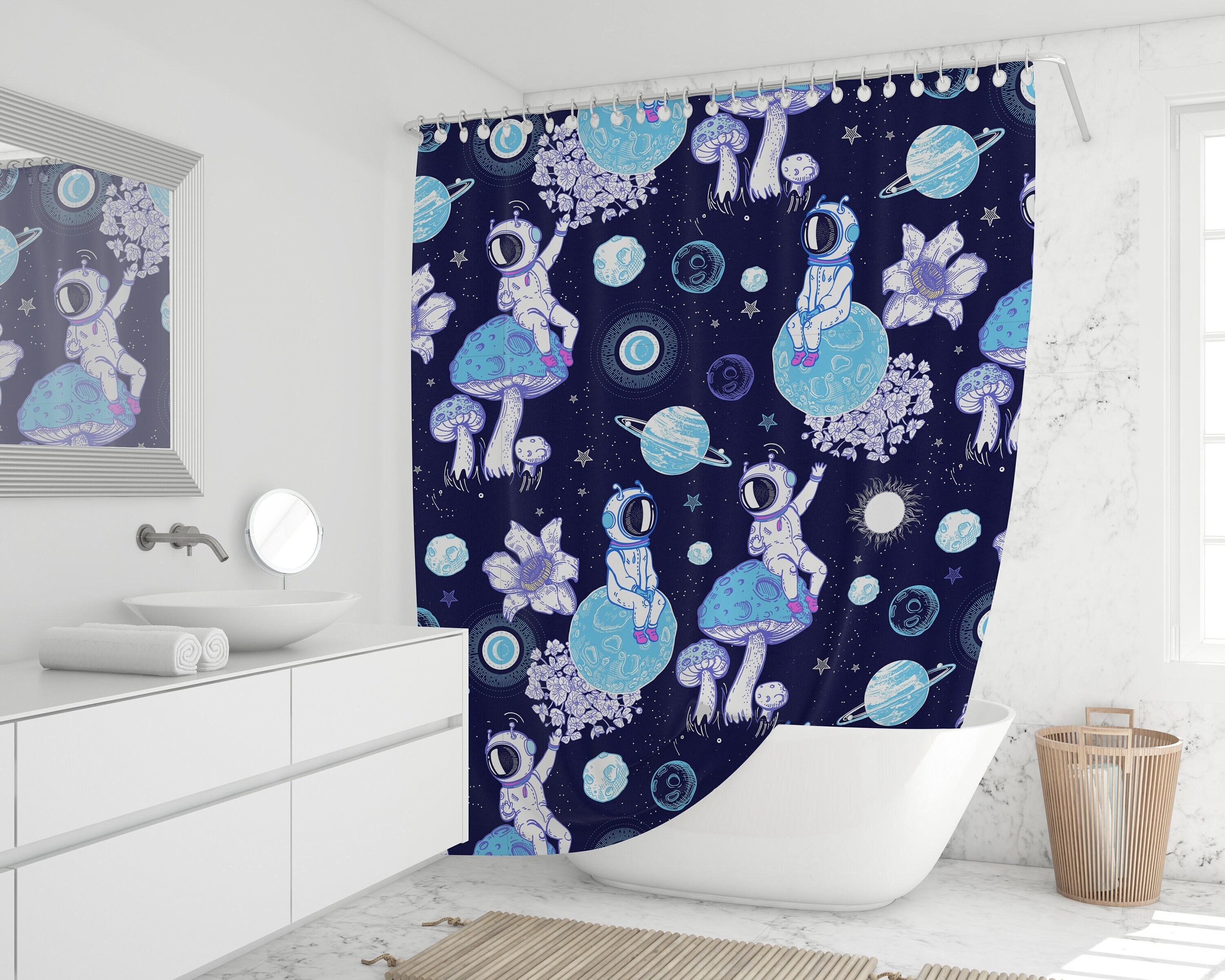 Mushroom Astronaut Moon Fantasy Shower Curtain - Psychedelic Bathroom Decor