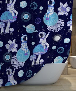 Mushroom Astronaut Moon Fantasy Shower Curtain - Psychedelic Bathroom Decor