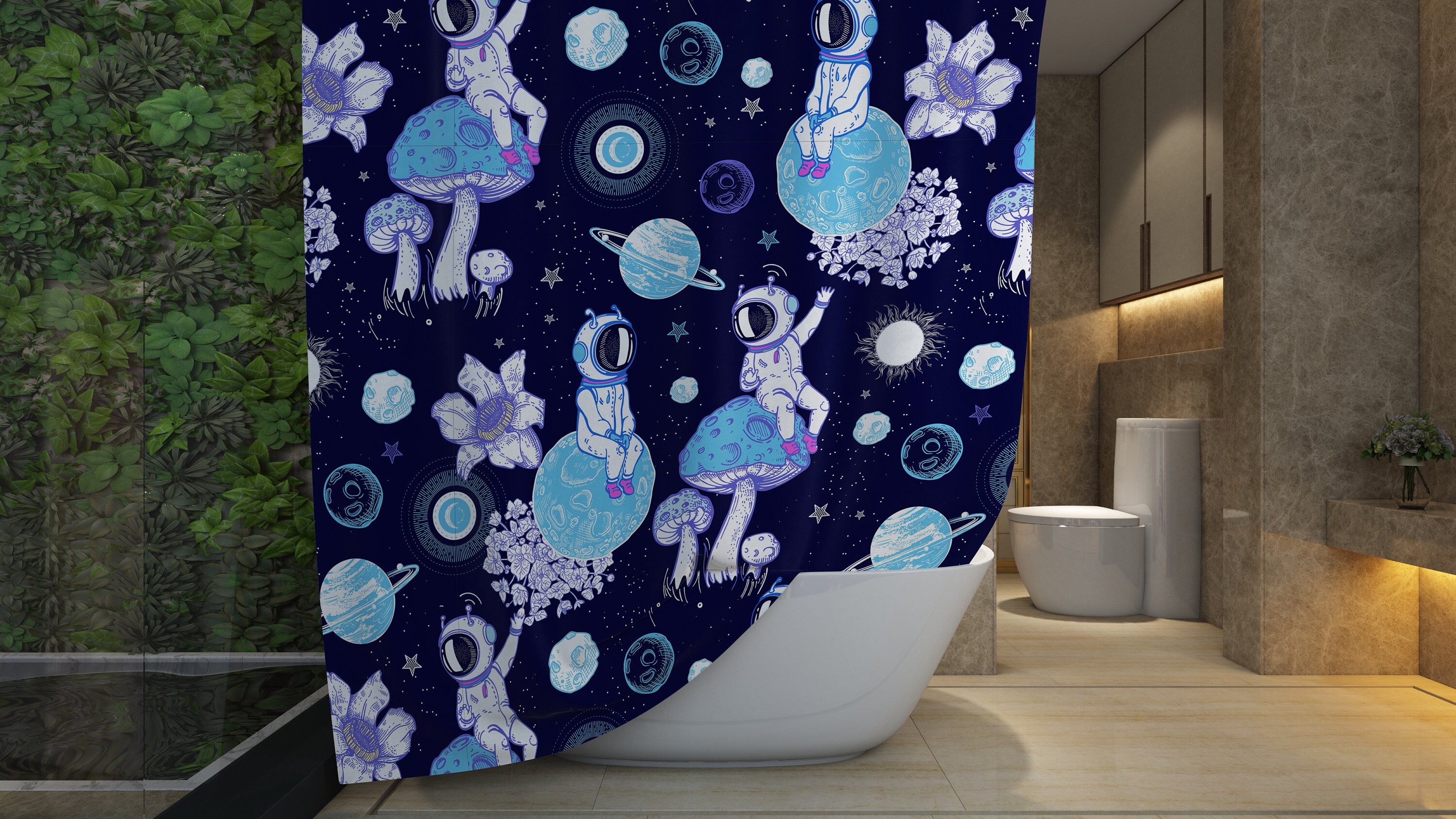 Mushroom Astronaut Moon Fantasy Shower Curtain - Psychedelic Bathroom Decor