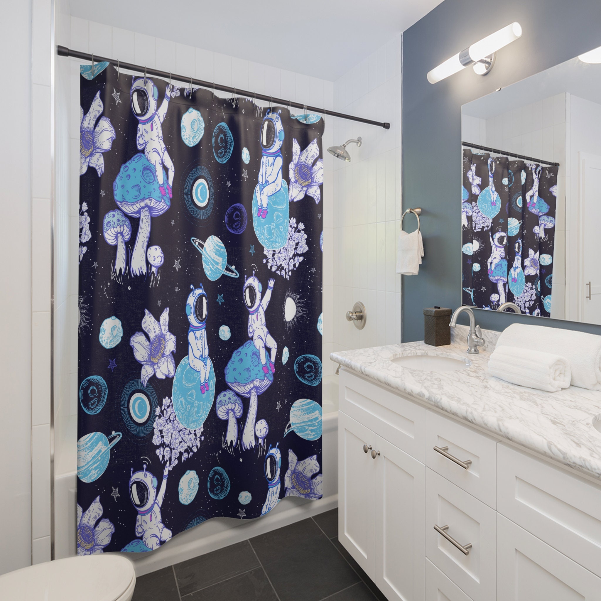 Mushroom Astronaut Moon Fantasy Shower Curtain - Psychedelic Bathroom Decor