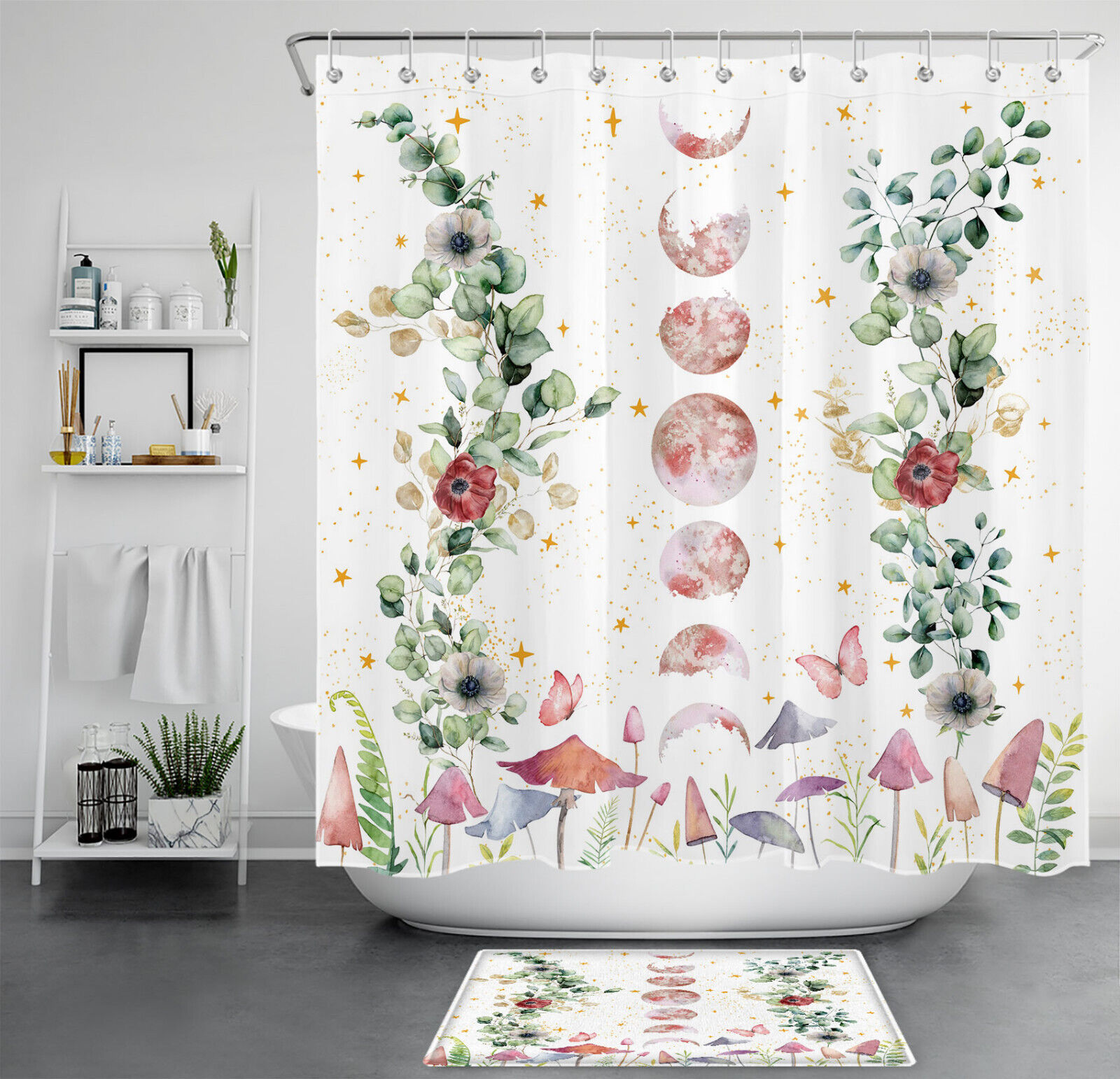 Mushroom Floral Moon Phase Eucalyptus Leaf Shower Curtain For Cozy Bathroom Decor