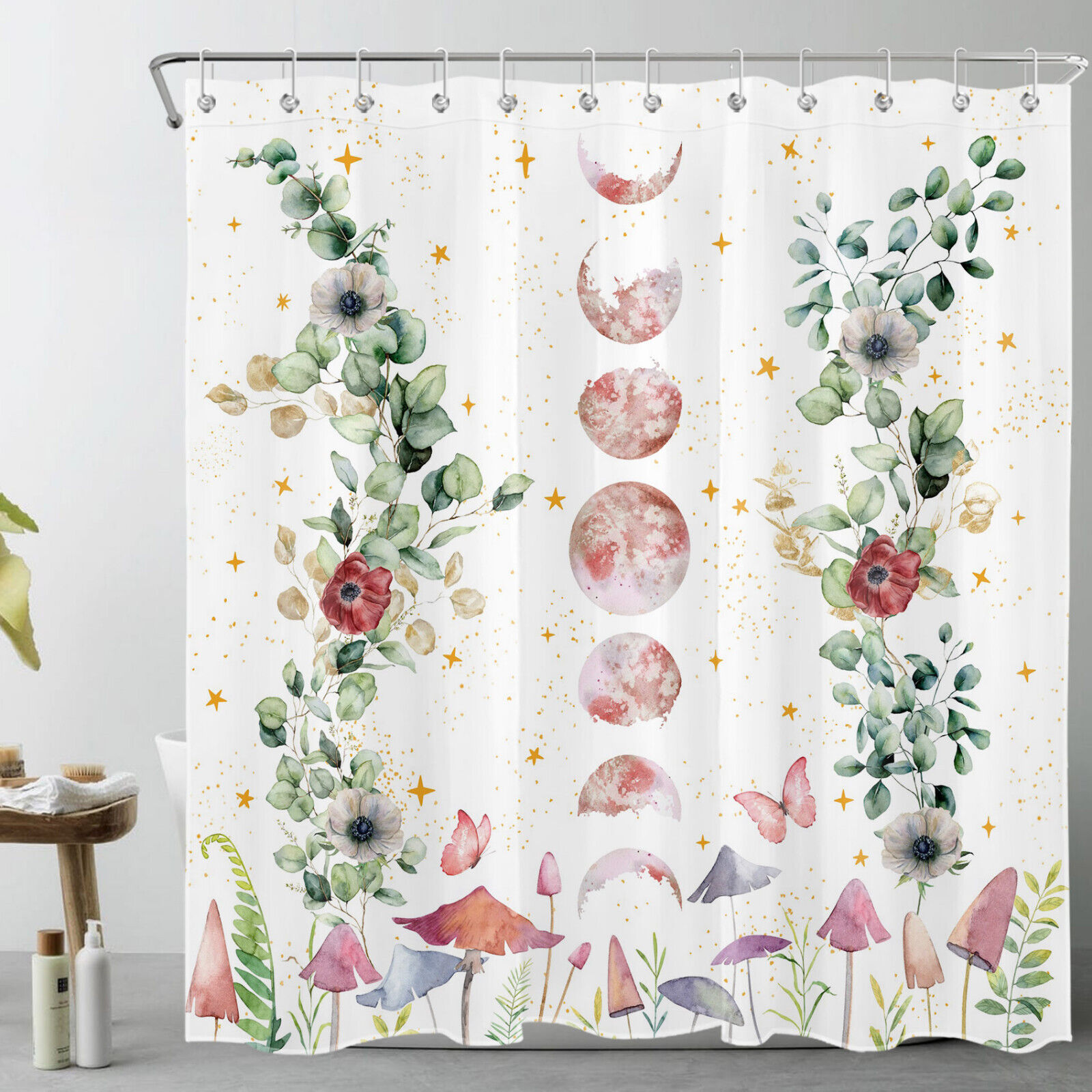 Mushroom Floral Moon Phase Eucalyptus Leaf Shower Curtain For Cozy Bathroom Decor